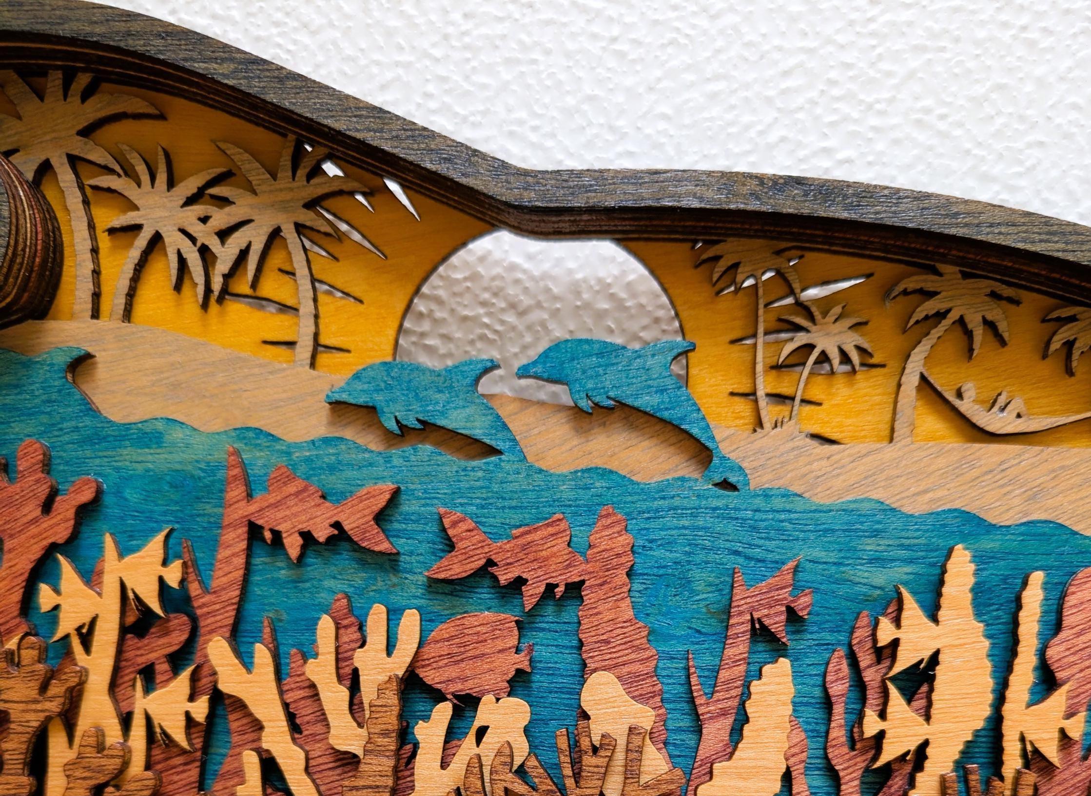 3D Dolphin Wood Wall Art: Multi-Layered Stained Wood, Nautical Decor