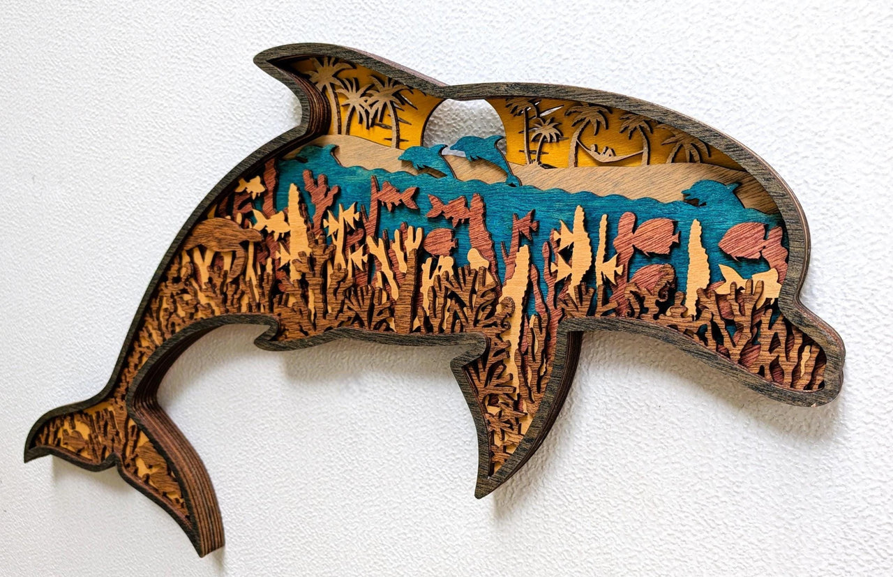 3D Dolphin Wood Wall Art: Multi-Layered Stained Wood, Nautical Decor