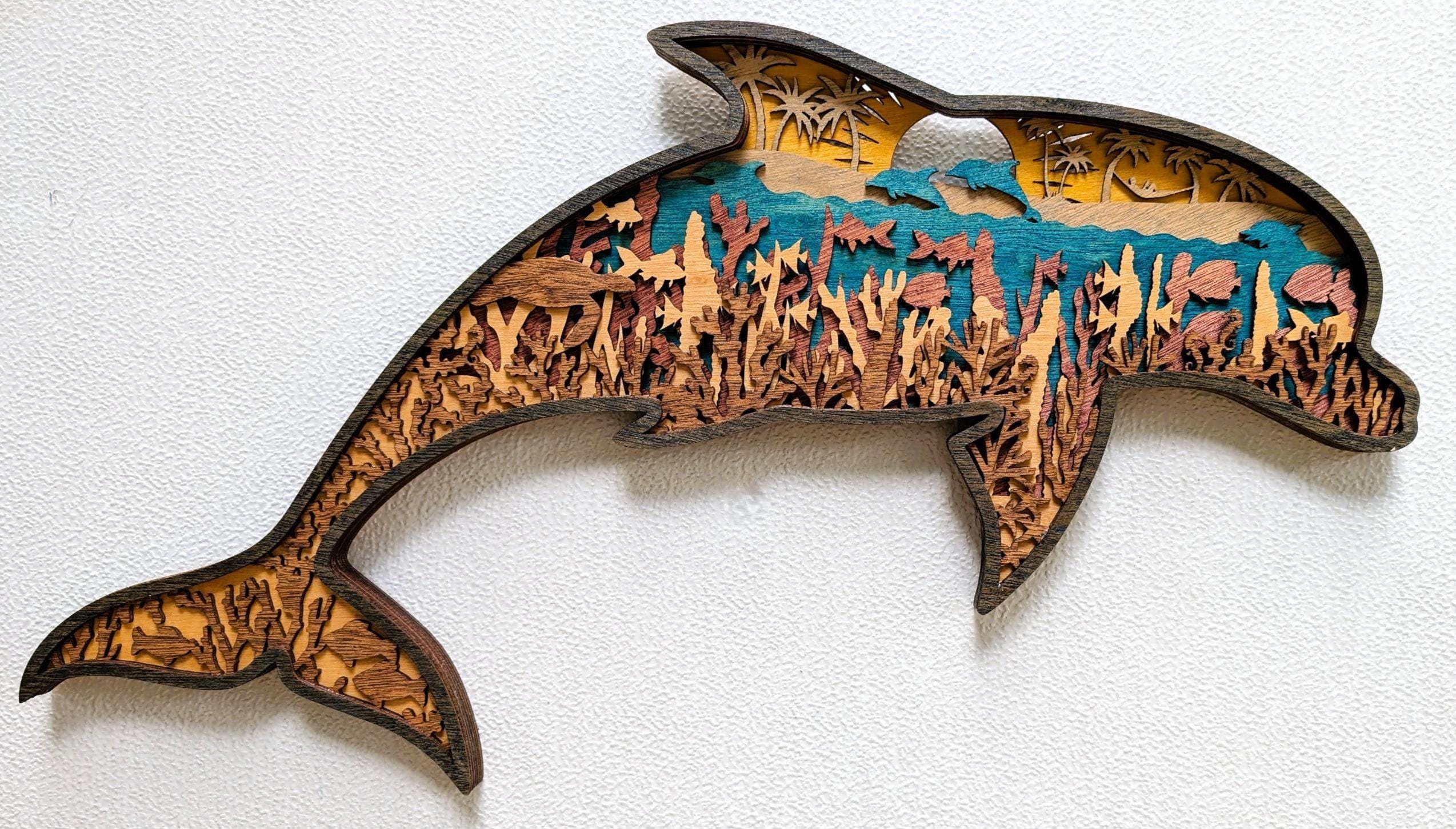 3D Dolphin Wood Wall Art: Multi-Layered Stained Wood, Nautical Decor
