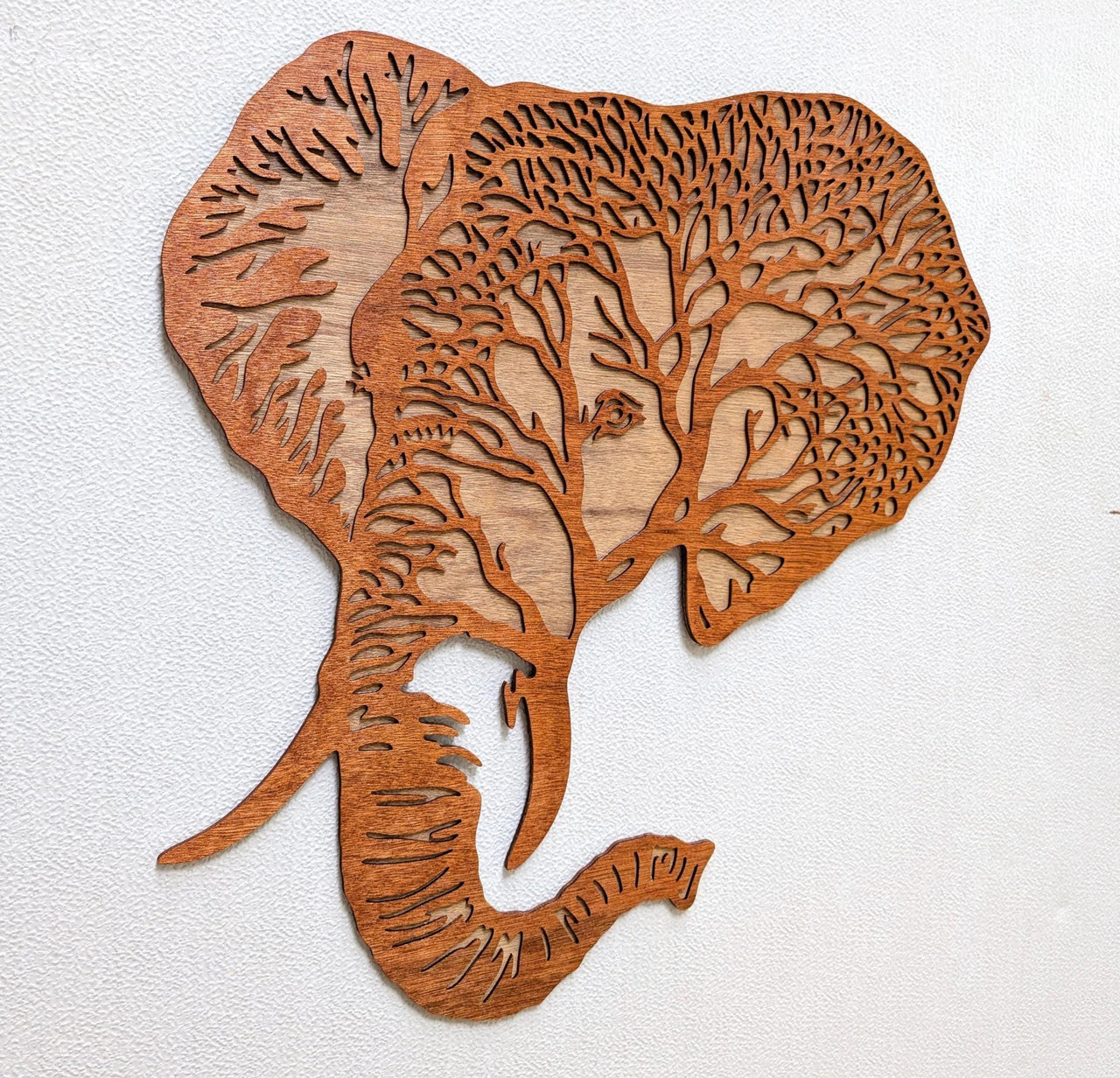 3D Layered Wood Elephant Wall Art: Hand-Stained Jungle Decor