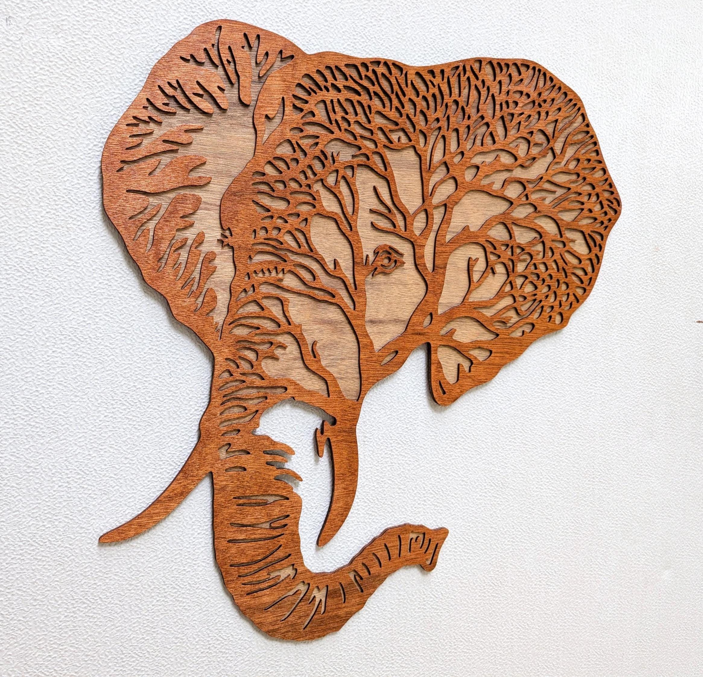 3D Layered Wood Elephant Wall Art: Hand-Stained Jungle Decor