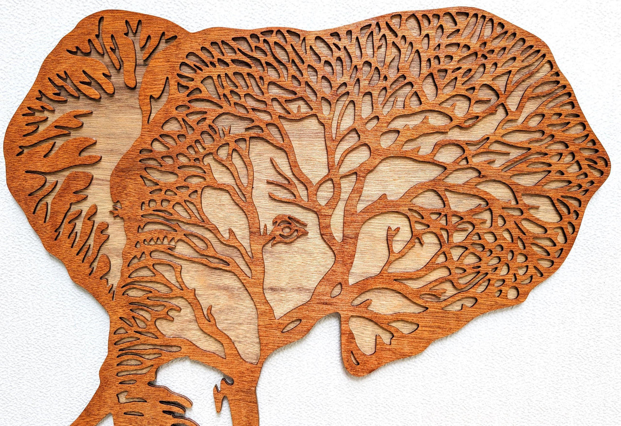 3D Layered Wood Elephant Wall Art: Hand-Stained Jungle Decor