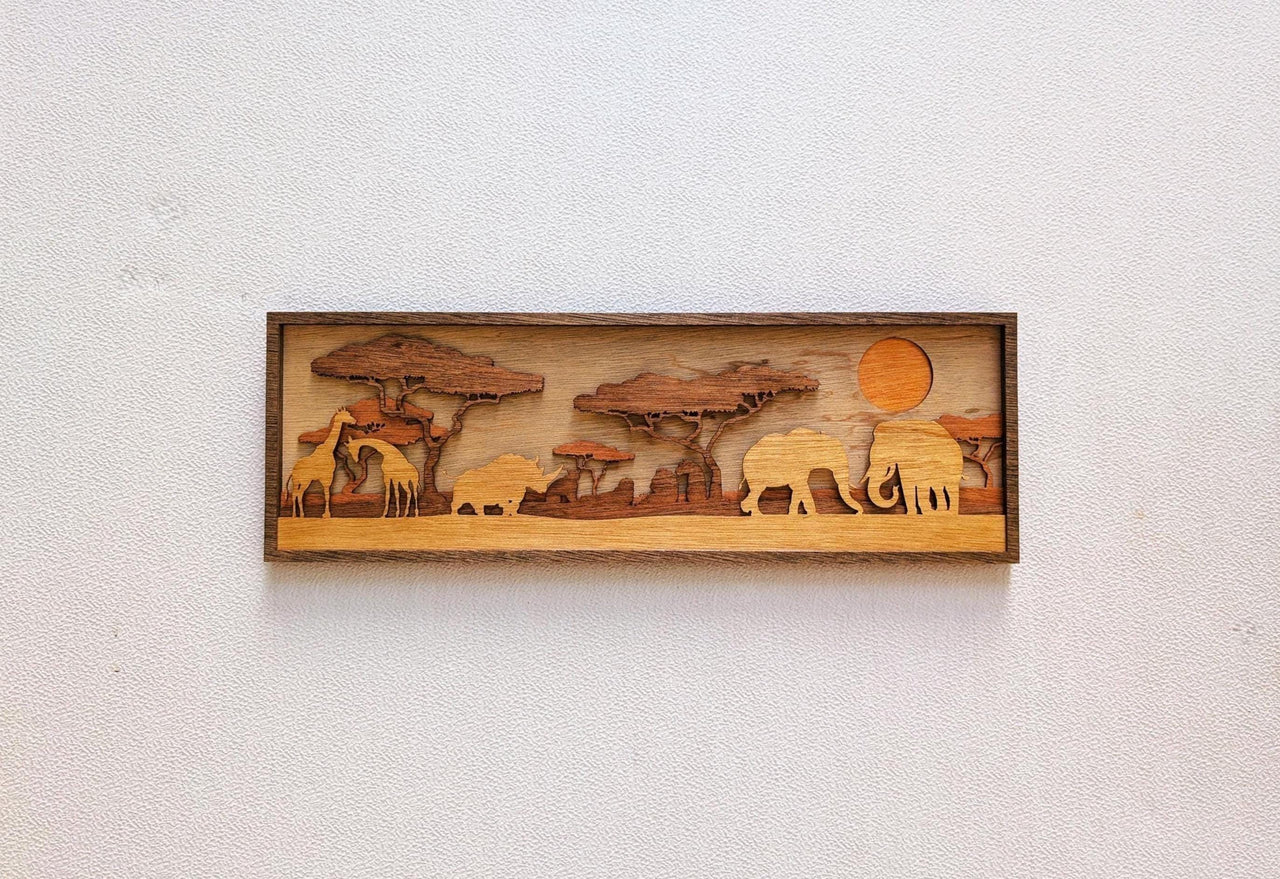 JUNGLE SCENE with ANIMALS Wood Wall Art, Multi-Layered Stained Wood, Elephant, Giraffe, Rhinoceros