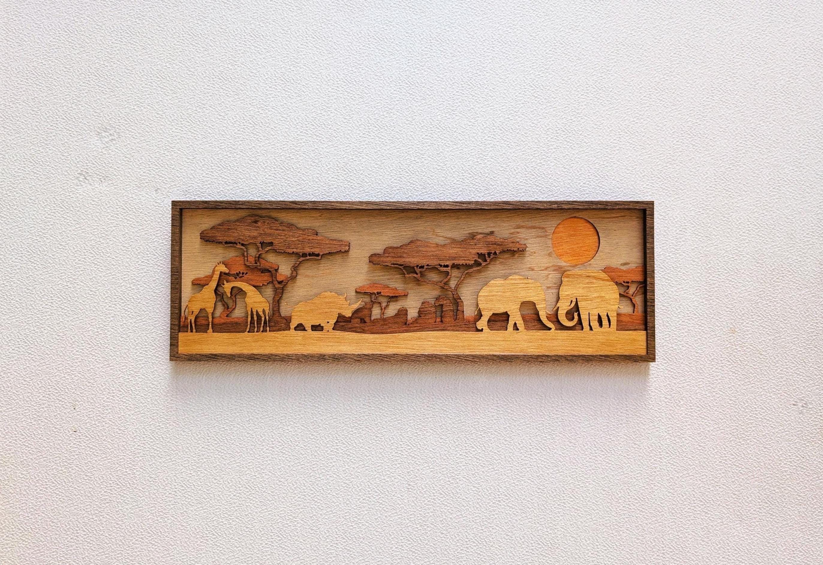 JUNGLE SCENE with ANIMALS Wood Wall Art, Multi-Layered Stained Wood, Elephant, Giraffe, Rhinoceros