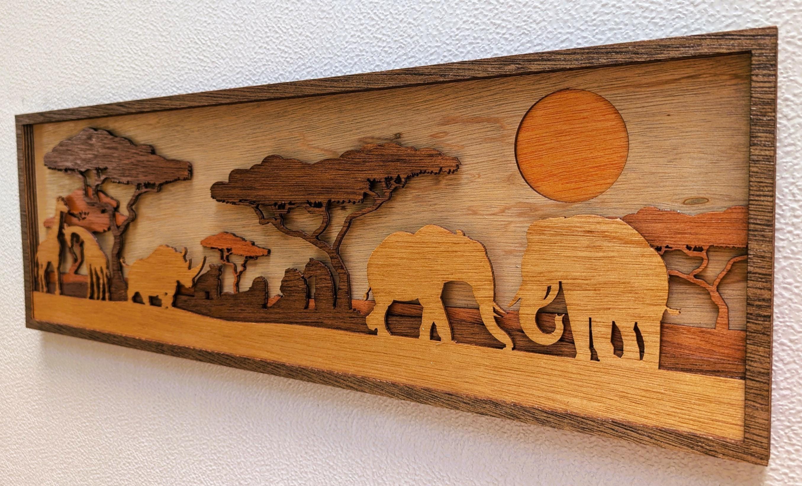 JUNGLE SCENE with ANIMALS Wood Wall Art, Multi-Layered Stained Wood, Elephant, Giraffe, Rhinoceros