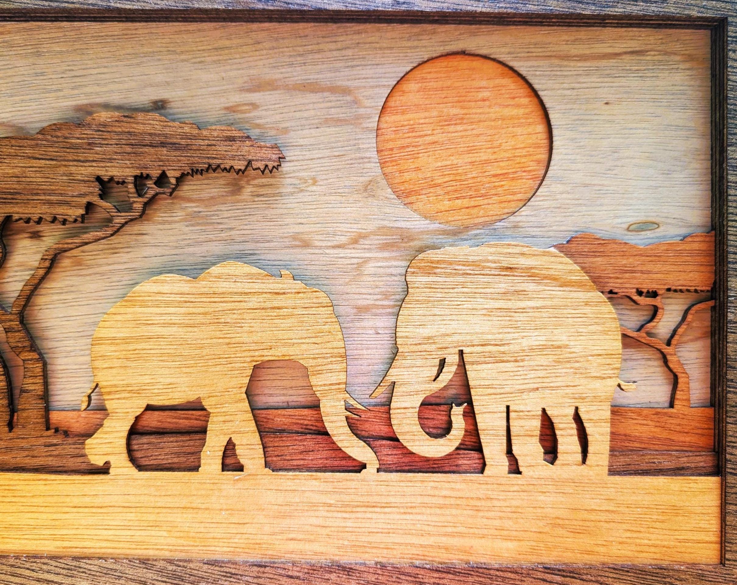 JUNGLE SCENE with ANIMALS Wood Wall Art, Multi-Layered Stained Wood, Elephant, Giraffe, Rhinoceros