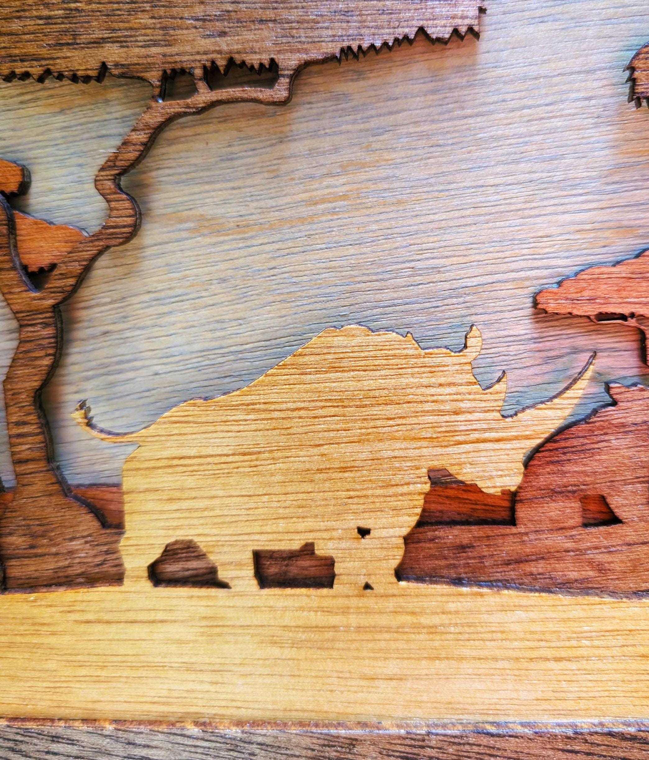 JUNGLE SCENE with ANIMALS Wood Wall Art, Multi-Layered Stained Wood, Elephant, Giraffe, Rhinoceros
