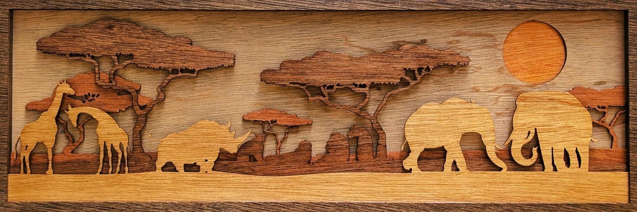 JUNGLE SCENE with ANIMALS Wood Wall Art, Multi-Layered Stained Wood, Elephant, Giraffe, Rhinoceros