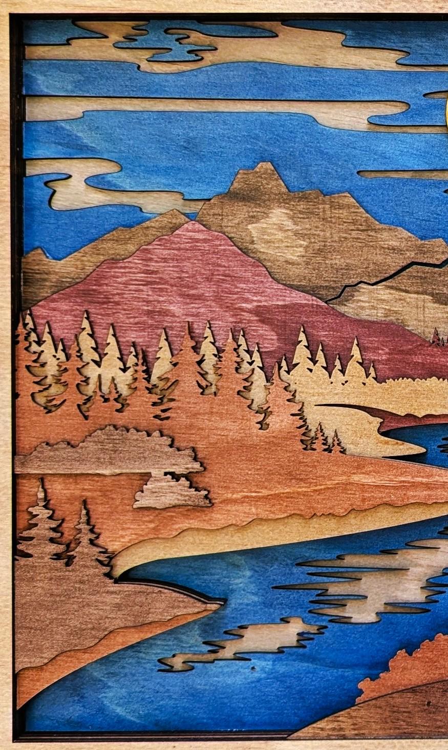 3D Moose Mountain Scene Wood Wall Art: Handcrafted Multi-Layered Decor