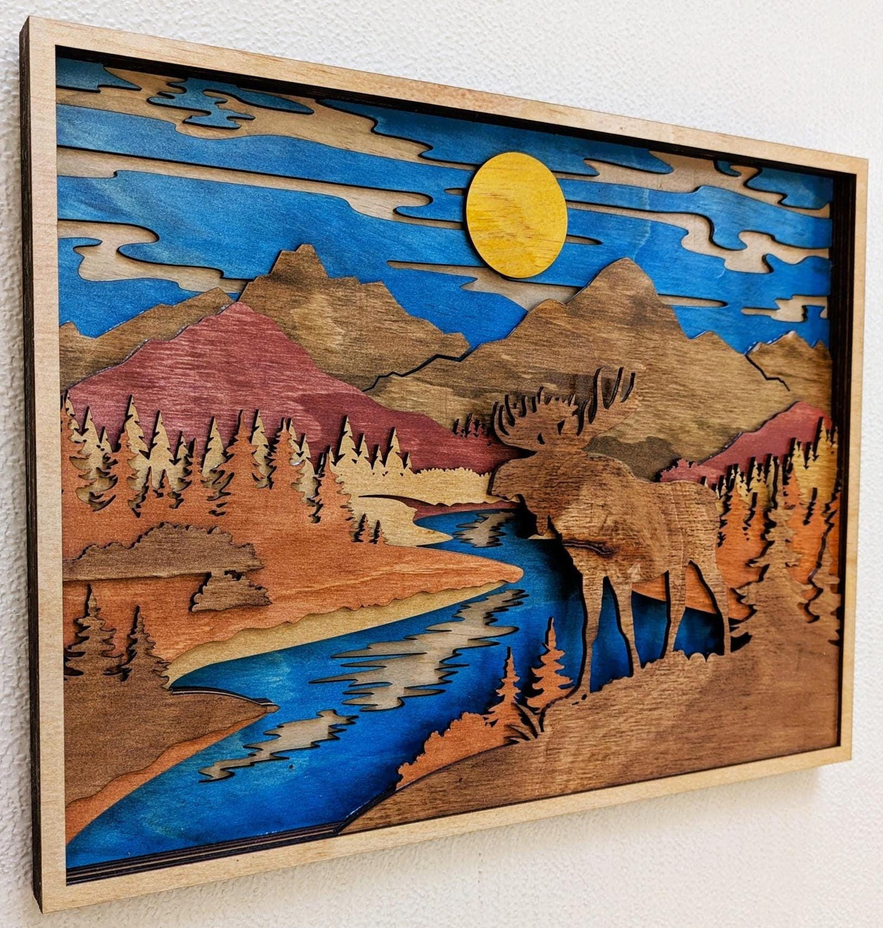 3D Moose Mountain Scene Wood Wall Art: Handcrafted Multi-Layered Decor