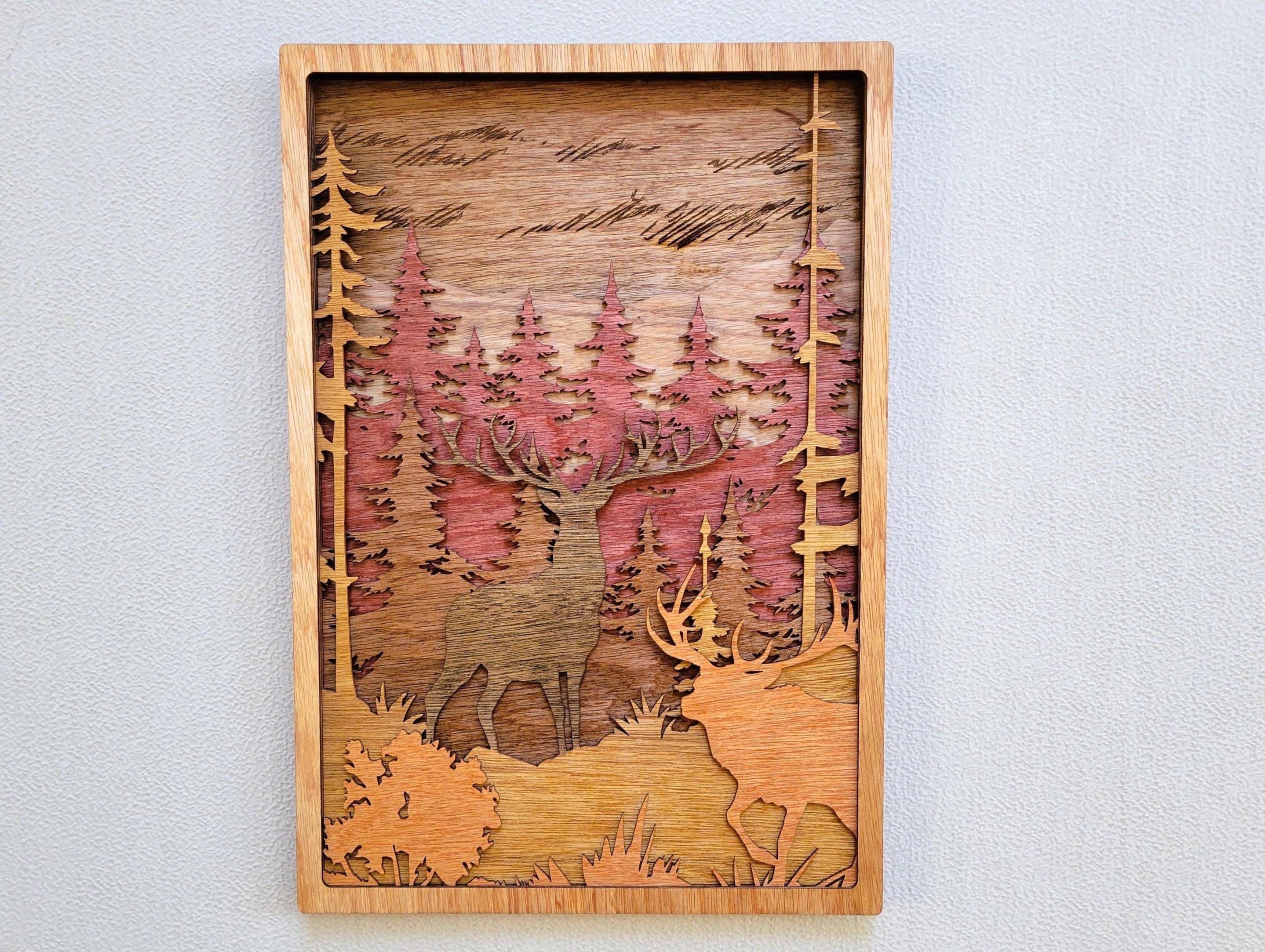 Moose & Buck Forest Wall Art, 3D Wall Décor, Pine Trees, Deer, Wildlife, Cabin Décor, Multilayered Stained Wood, Nature Scene, Unique Gift