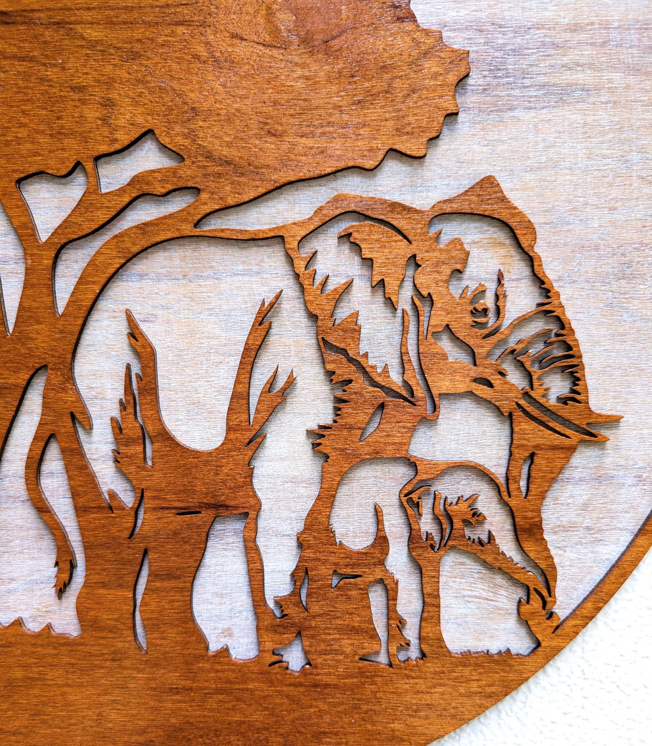 Jungle Scene with Mama and Baby Elephants Wood Wall Art: Multi-Layered Stained Wood