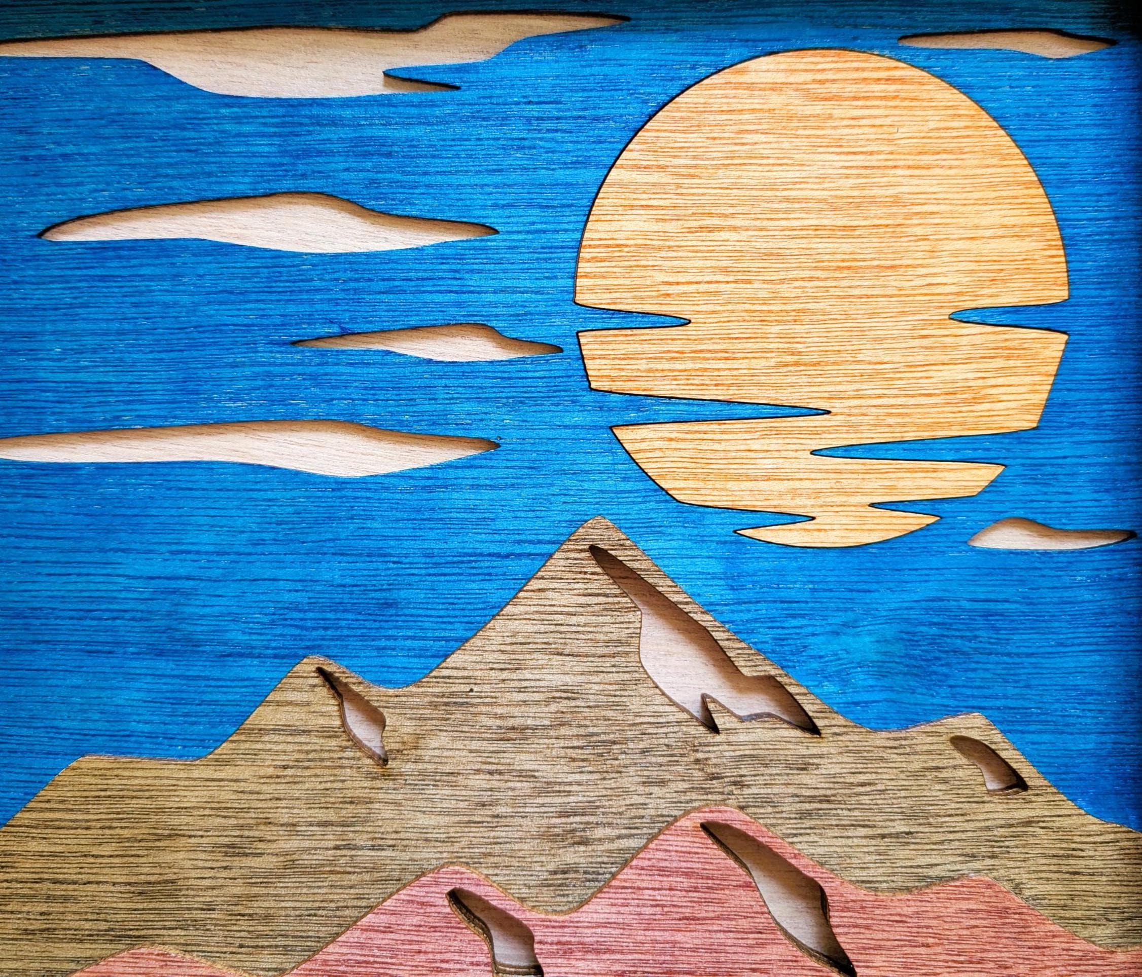 Mountain Scene and Sun Wall Art: Handcrafted Multi Layered Stained Wood
