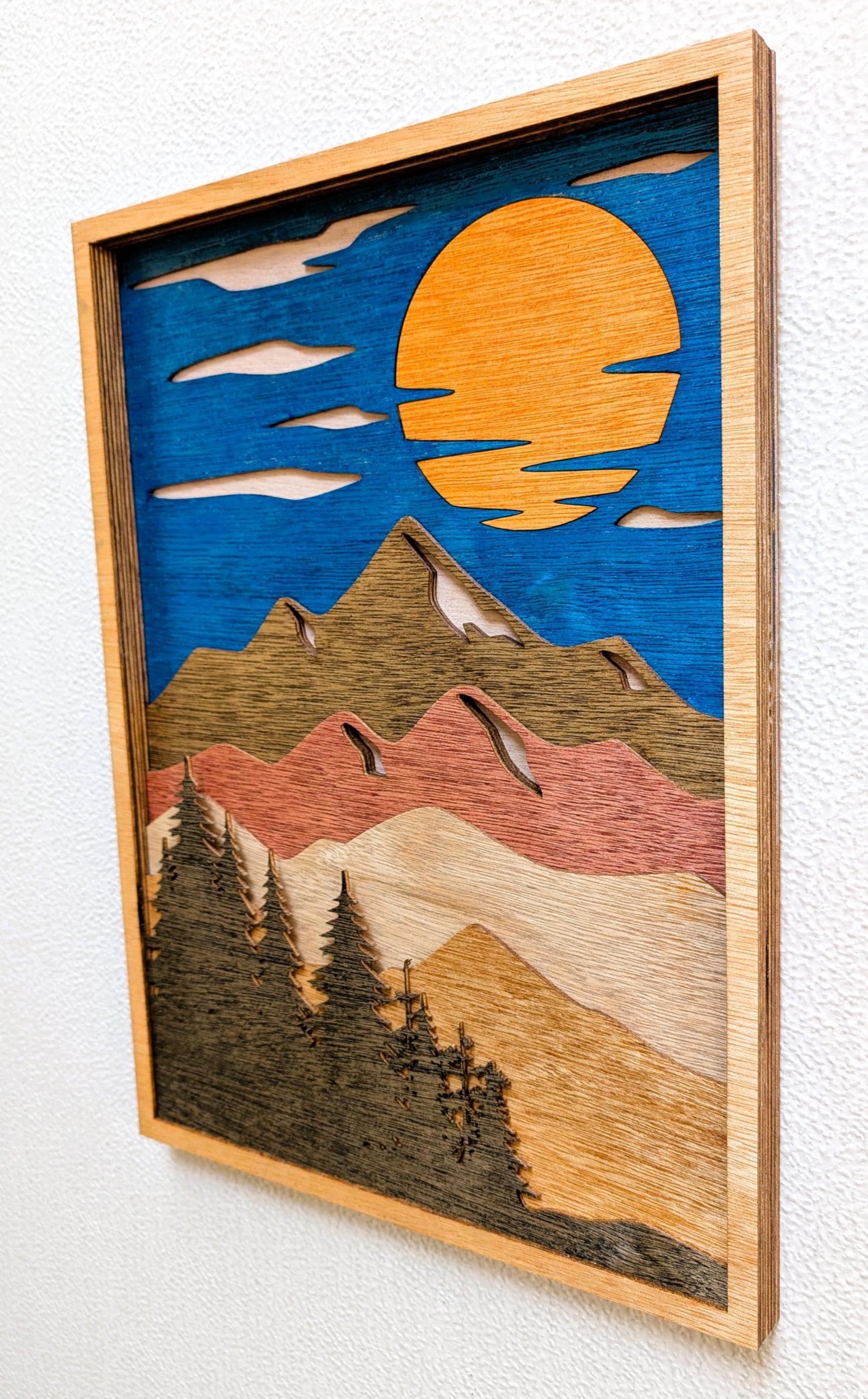 Mountain Scene and Sun Wall Art: Handcrafted Multi Layered Stained Wood