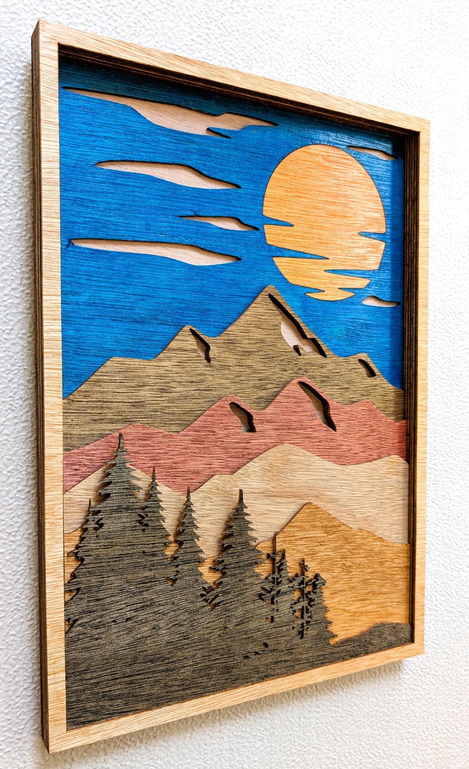 Mountain Scene and Sun Wall Art: Handcrafted Multi Layered Stained Wood