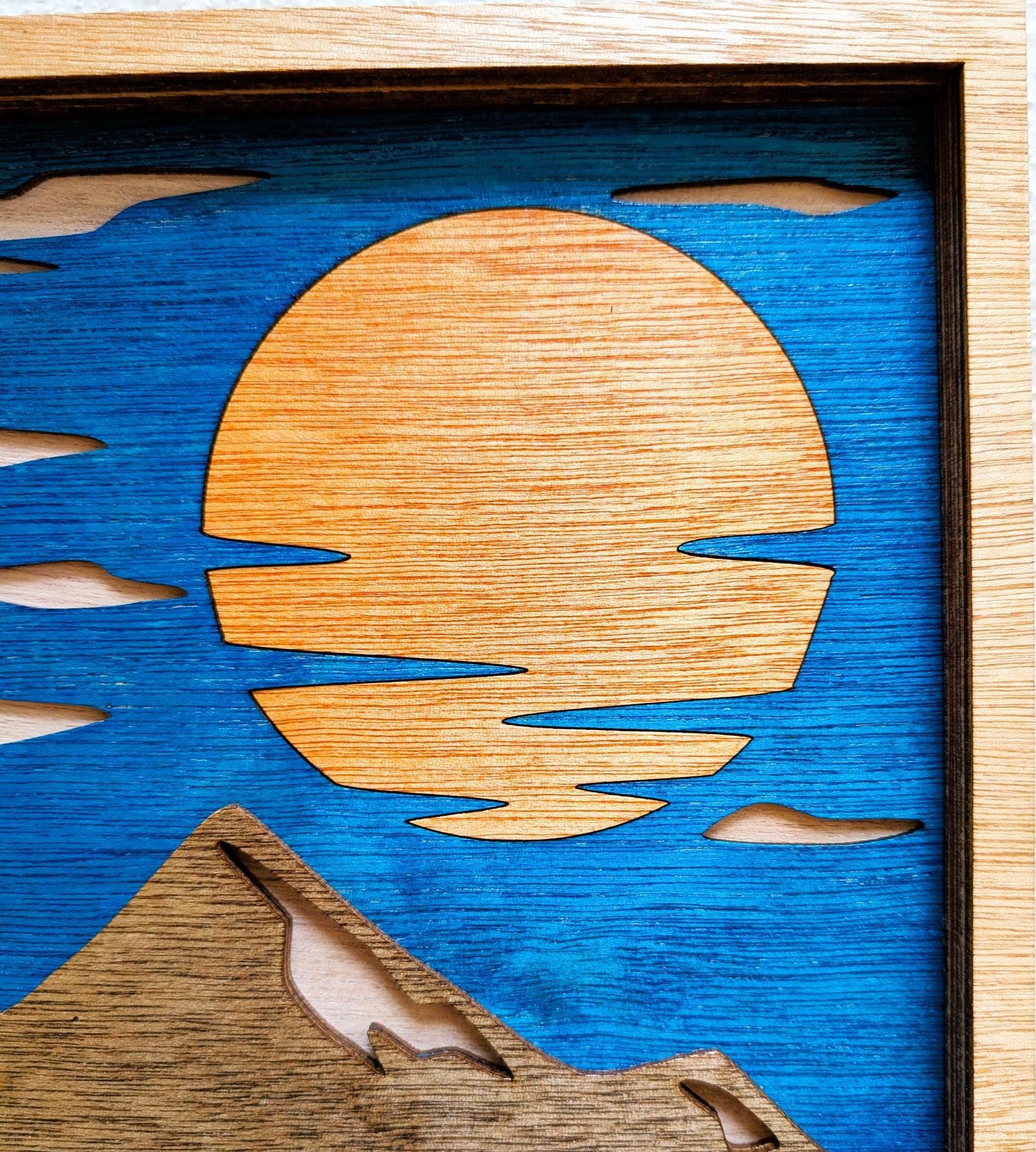 Mountain Scene and Sun Wall Art: Handcrafted Multi Layered Stained Wood