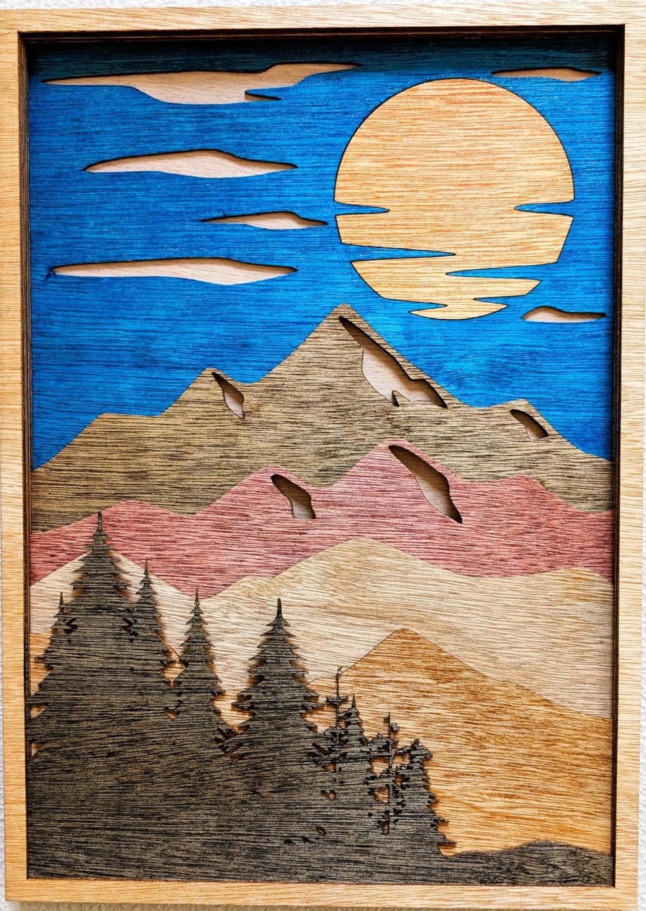 Mountain Scene and Sun Wall Art: Handcrafted Multi Layered Stained Wood