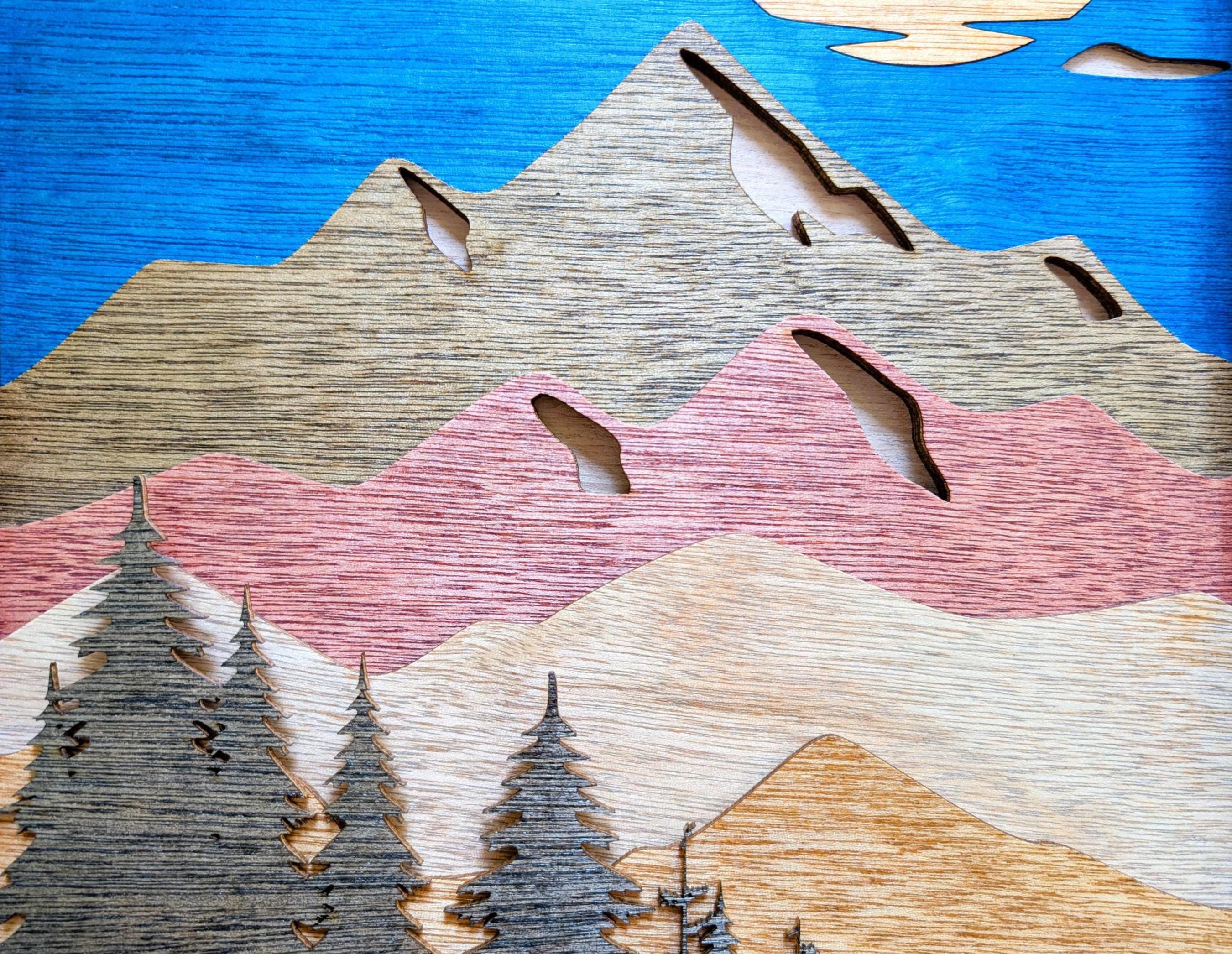 Mountain Scene and Sun Wall Art: Handcrafted Multi Layered Stained Wood