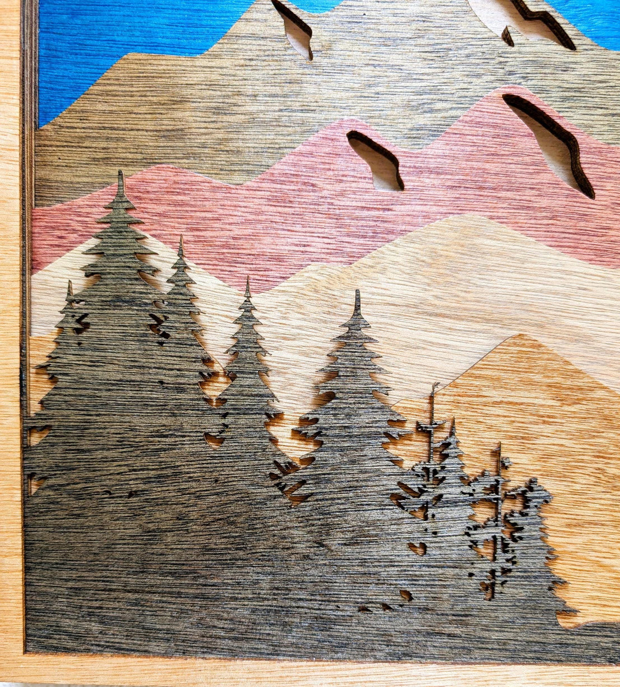 Mountain Scene and Sun Wall Art: Handcrafted Multi Layered Stained Wood