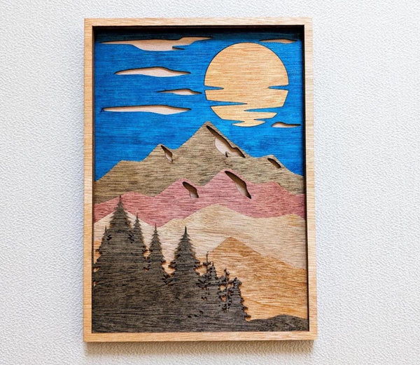 Mountain Scene and Sun Wall Art: Handcrafted Multi Layered Stained Wood