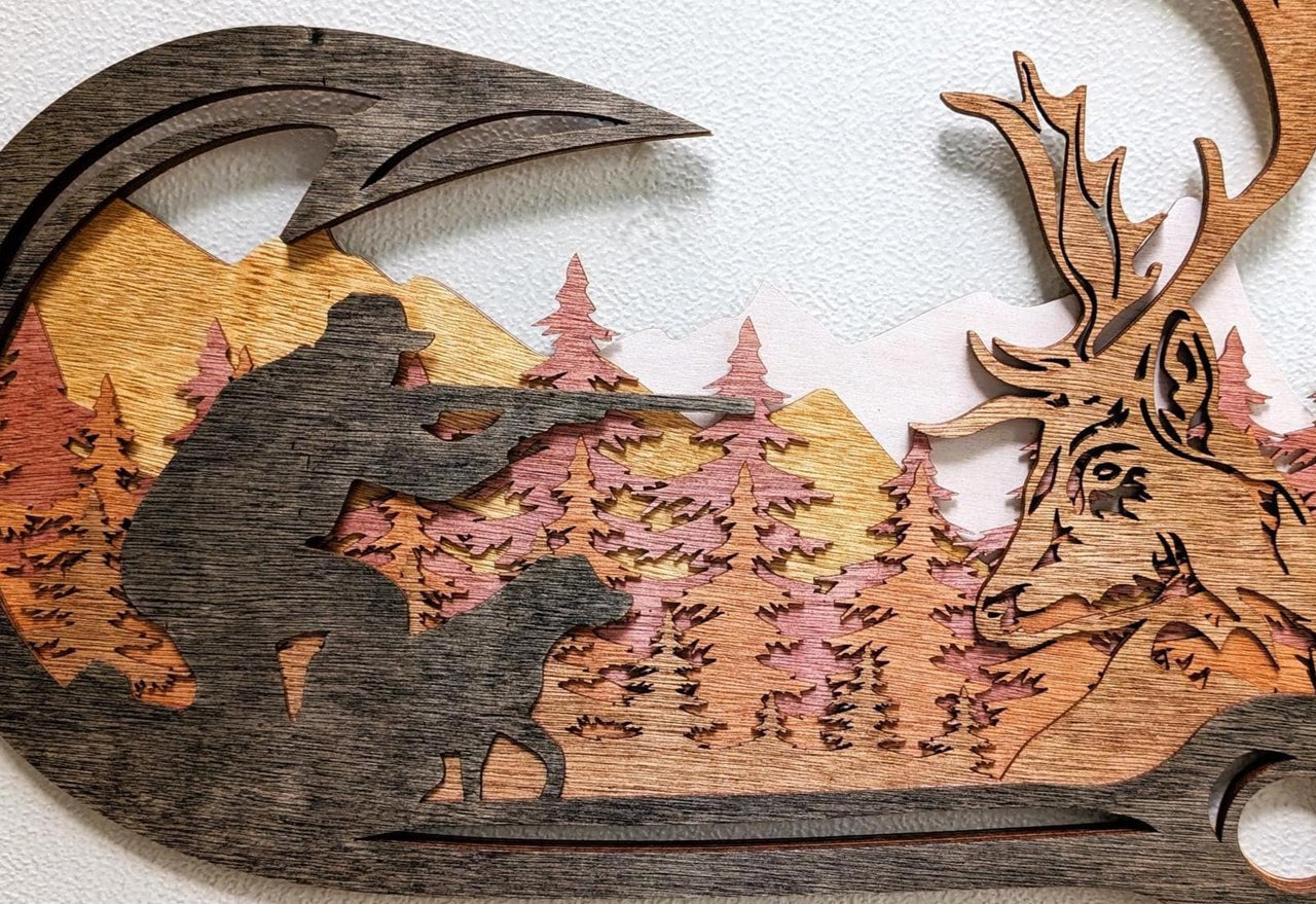 Deer Hunting Scene Wall Art with Fishing Hook Frame: Multi Layered Stained Wood