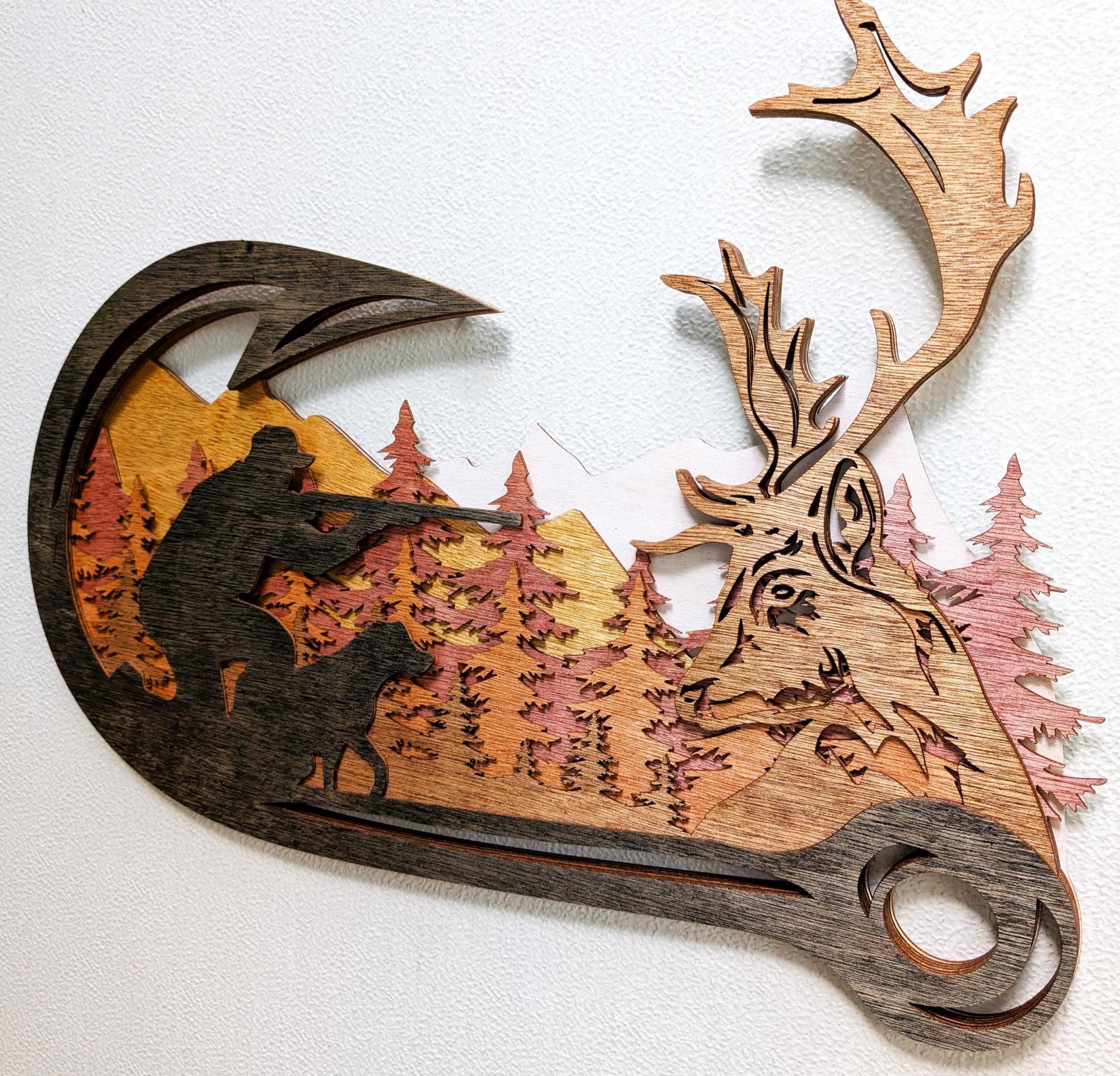 Deer Hunting Scene Wall Art with Fishing Hook Frame: Multi Layered Stained Wood