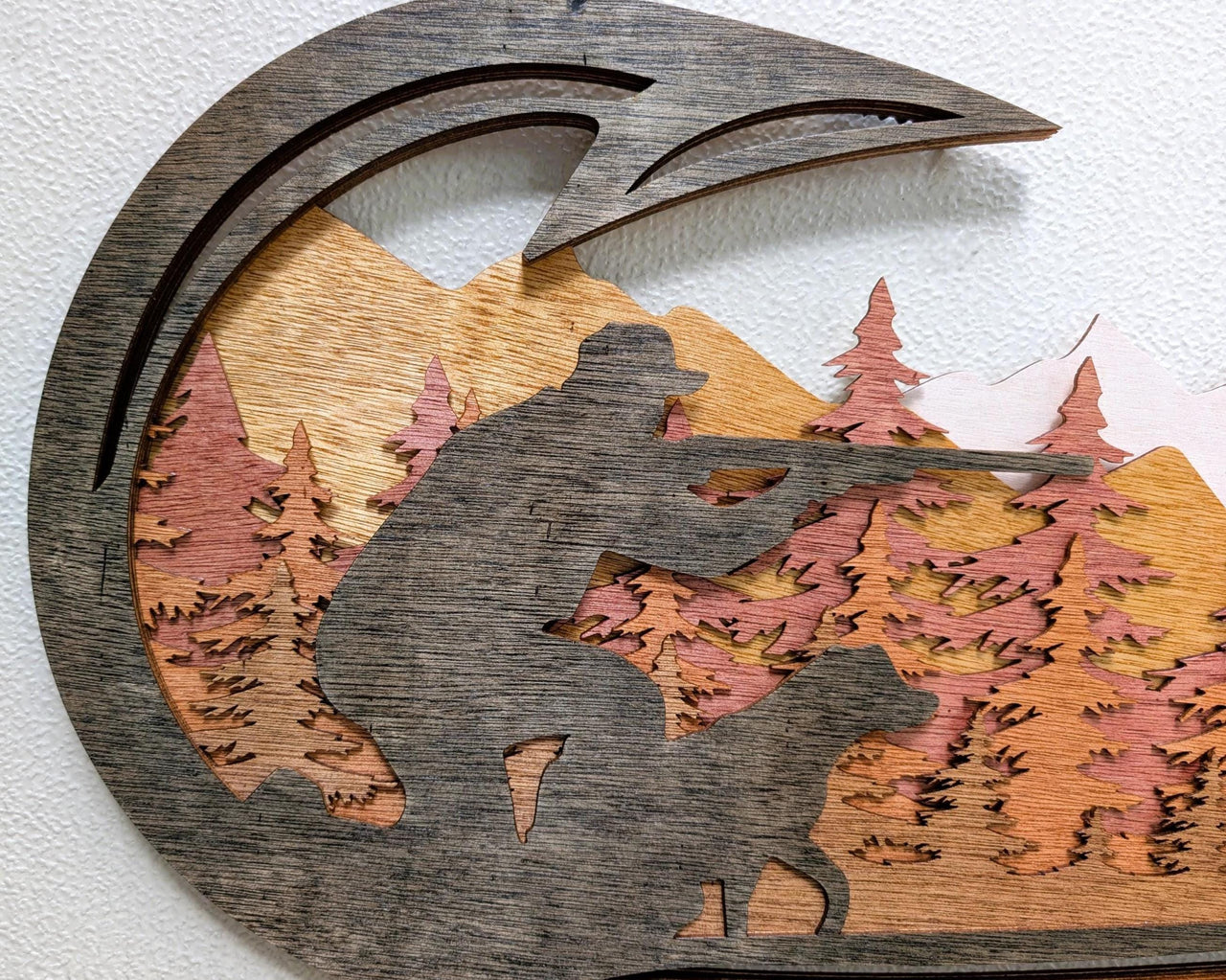 Deer Hunting Scene Wall Art with Fishing Hook Frame: Multi Layered Stained Wood