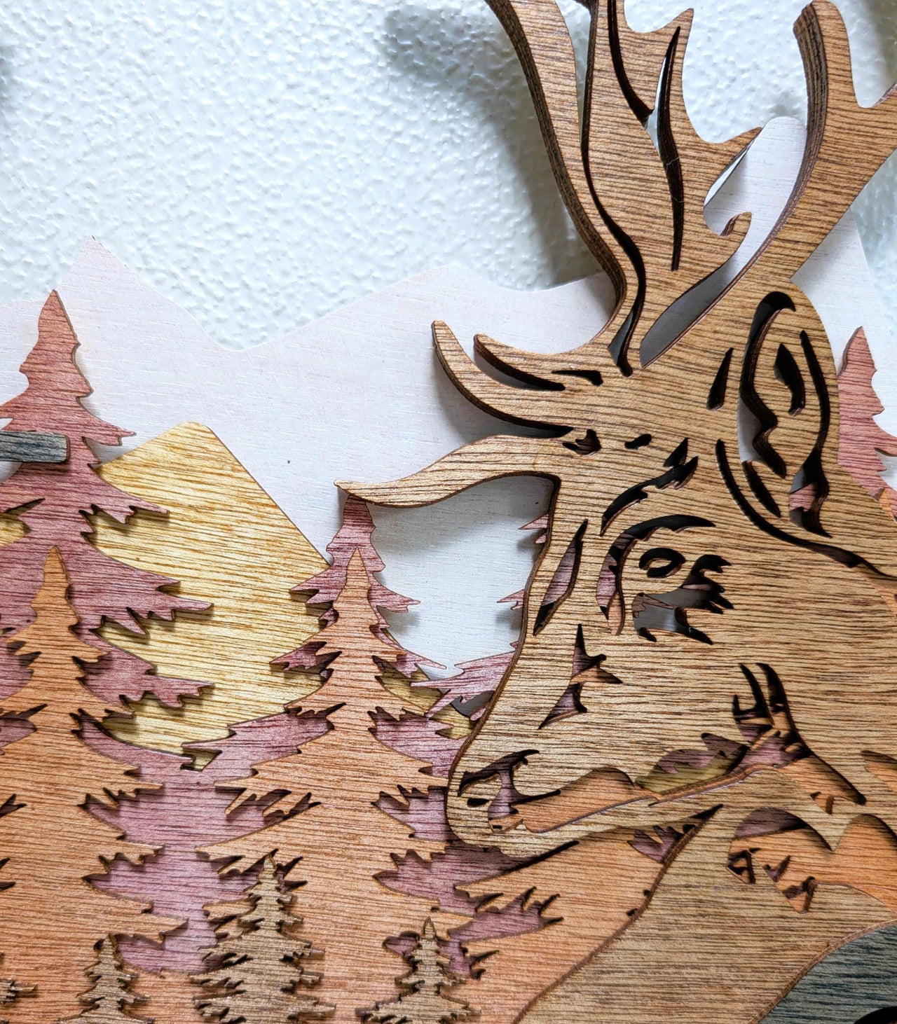 Deer Hunting Scene Wall Art with Fishing Hook Frame: Multi Layered Stained Wood