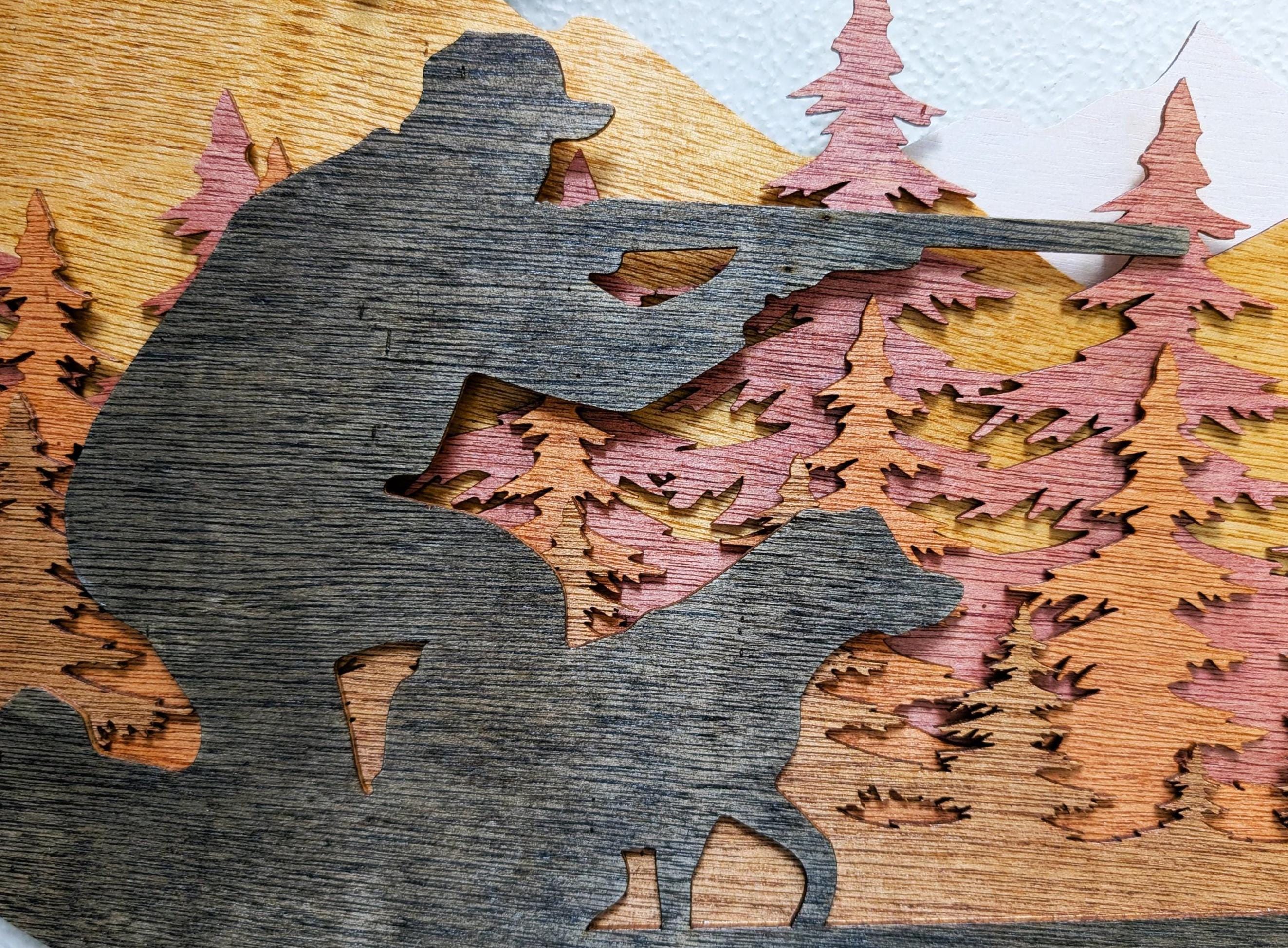 Deer Hunting Scene Wall Art with Fishing Hook Frame: Multi Layered Stained Wood