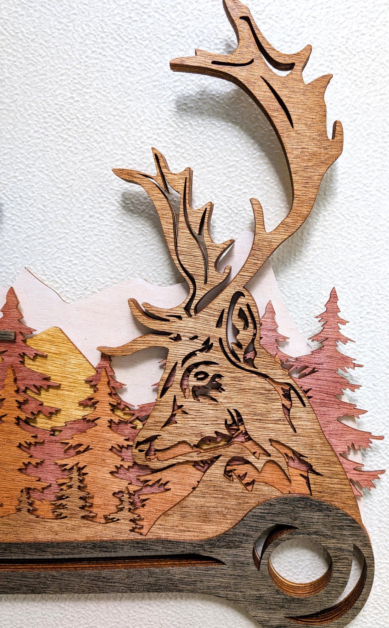 Deer Hunting Scene Wall Art with Fishing Hook Frame: Multi Layered Stained Wood