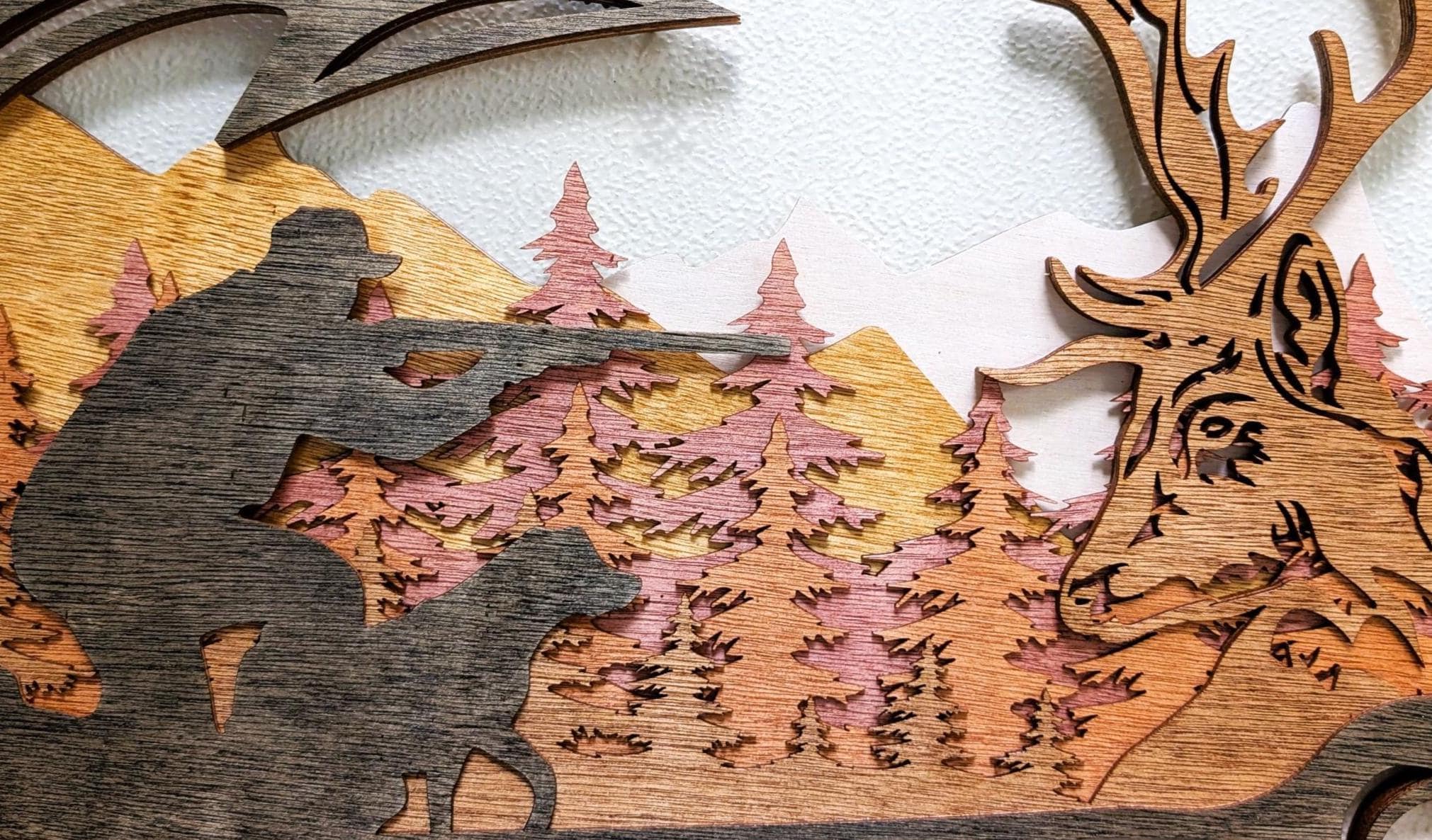 Deer Hunting Scene Wall Art with Fishing Hook Frame: Multi Layered Stained Wood