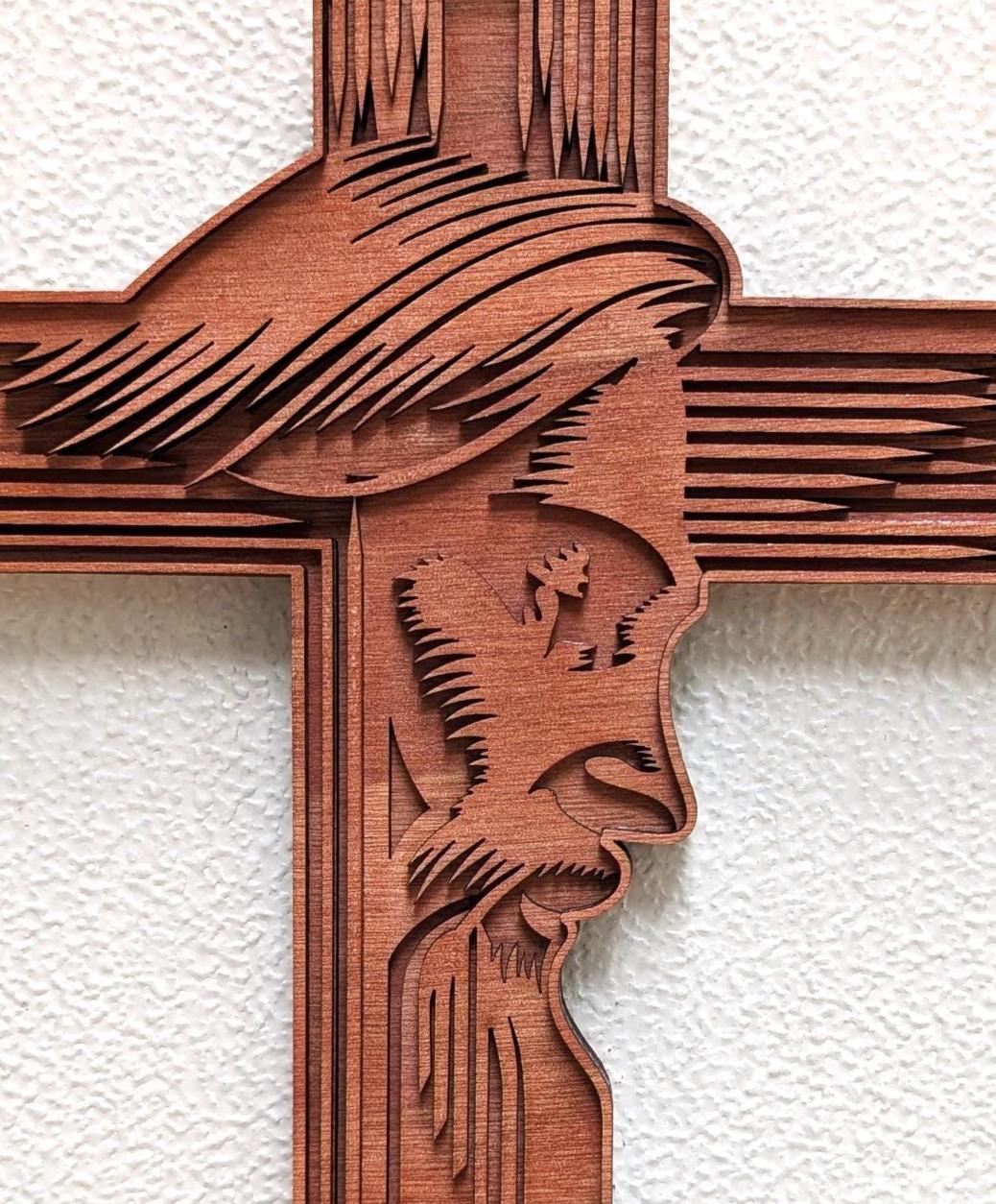 Cross with Jesus Face Wood Wall Art: Christian Home Decor