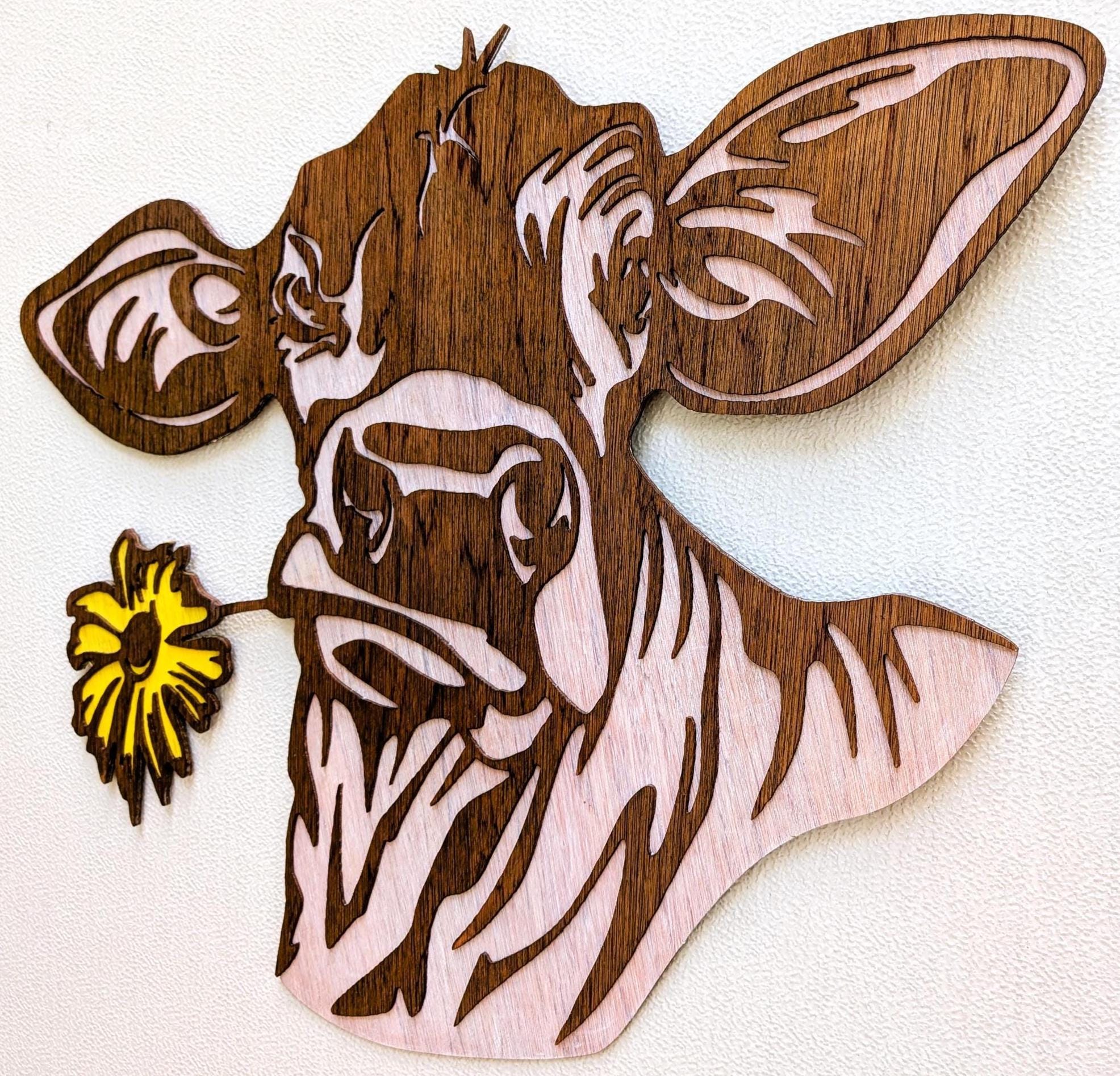 Cow with Daisy Flower Wall Art: Multi Layered Stained Wood Laser Art - Farm Decor