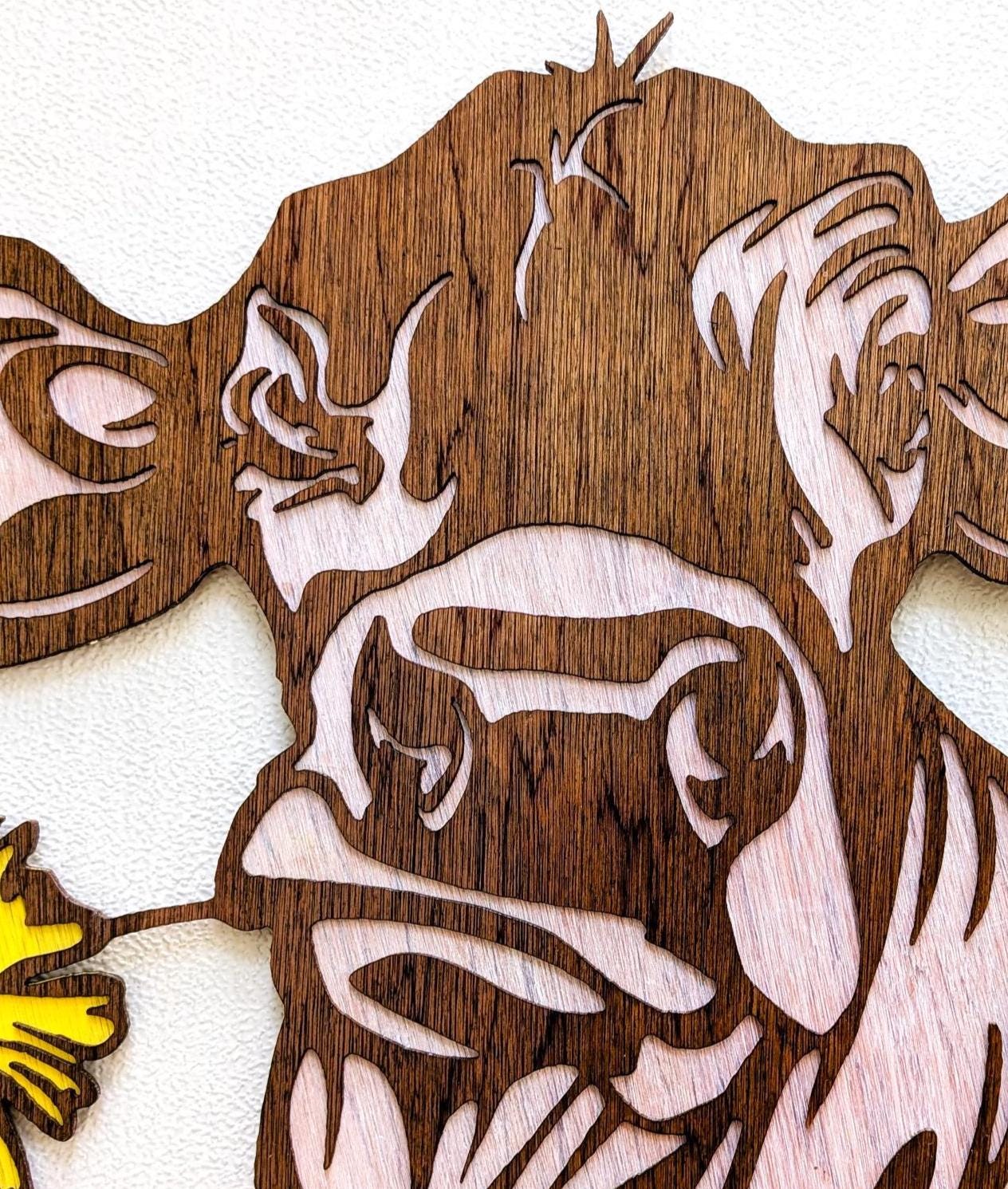 Cow with Daisy Flower Wall Art: Multi Layered Stained Wood Laser Art - Farm Decor