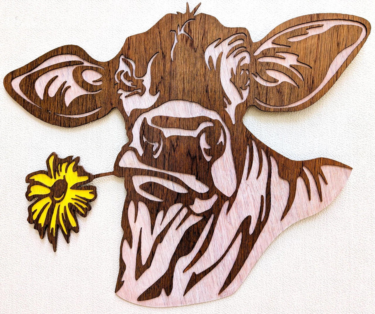 Cow with Daisy Flower Wall Art: Multi Layered Stained Wood Laser Art - Farm Decor
