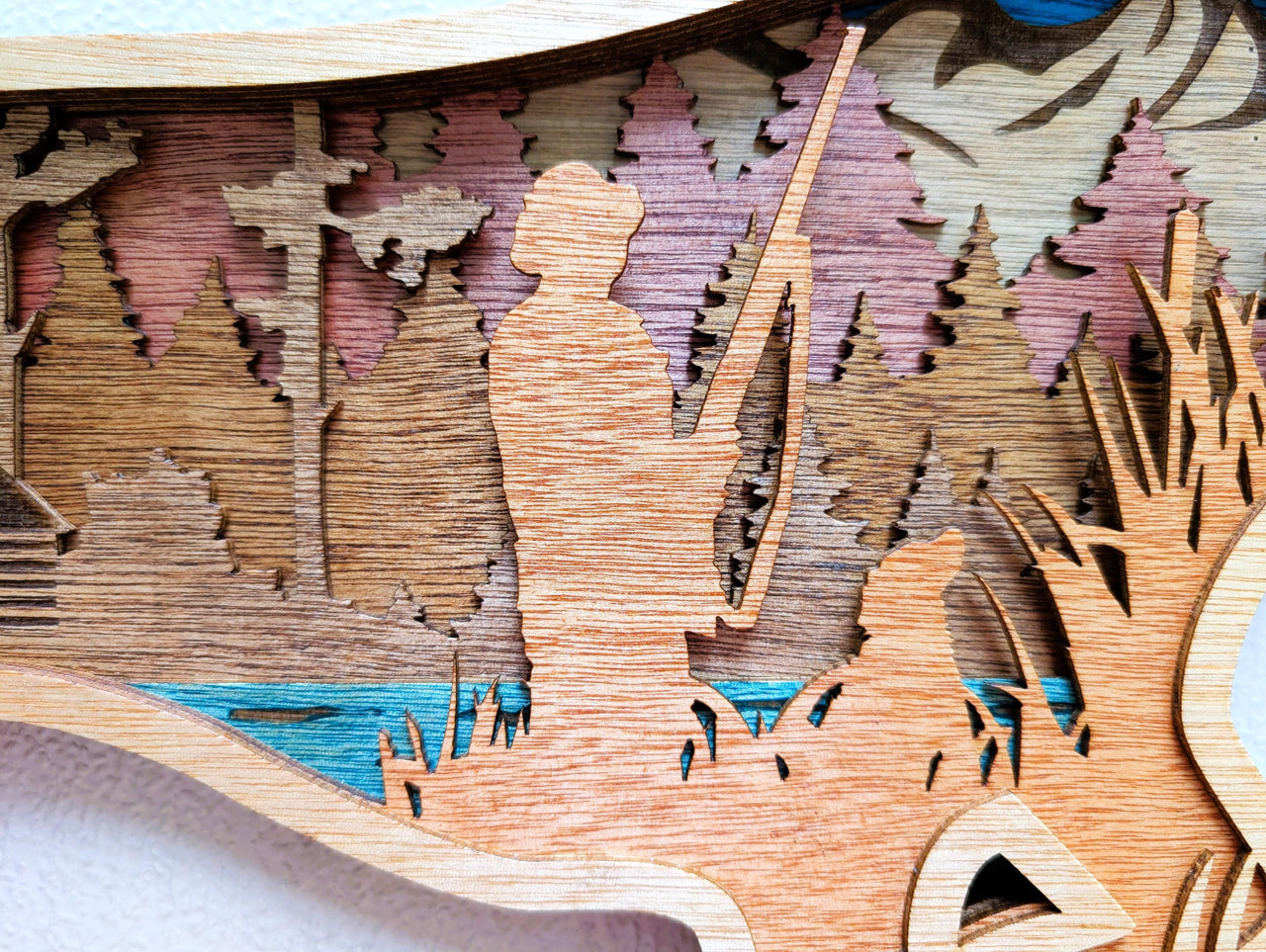 Hunting Dog Scene Wall Art: Multi Layered Stained Wood with Hunter, Dog & Ducks