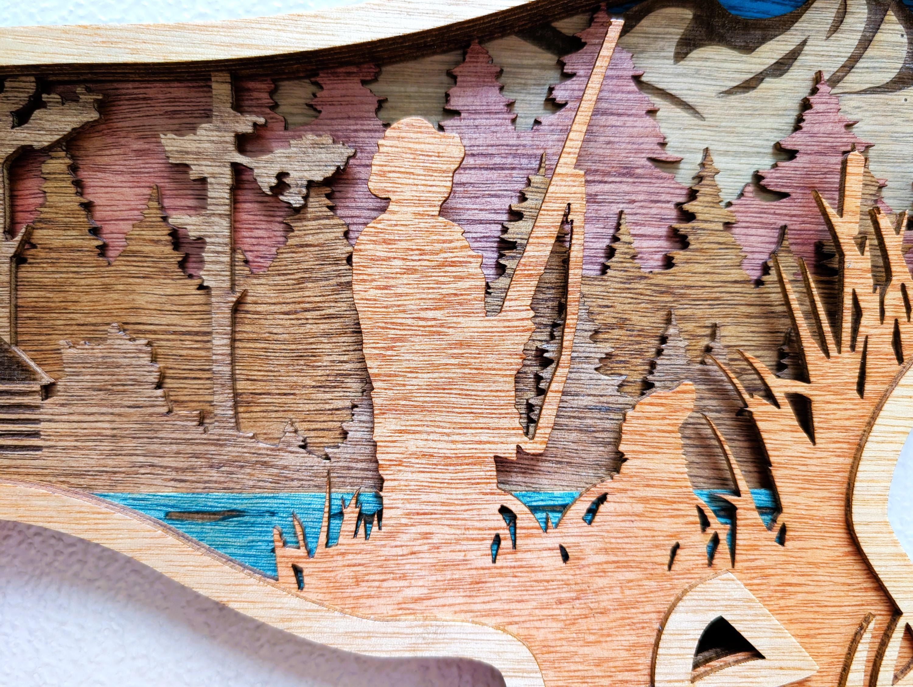 Hunting Dog Scene Wall Art: Multi Layered Stained Wood with Hunter, Dog & Ducks
