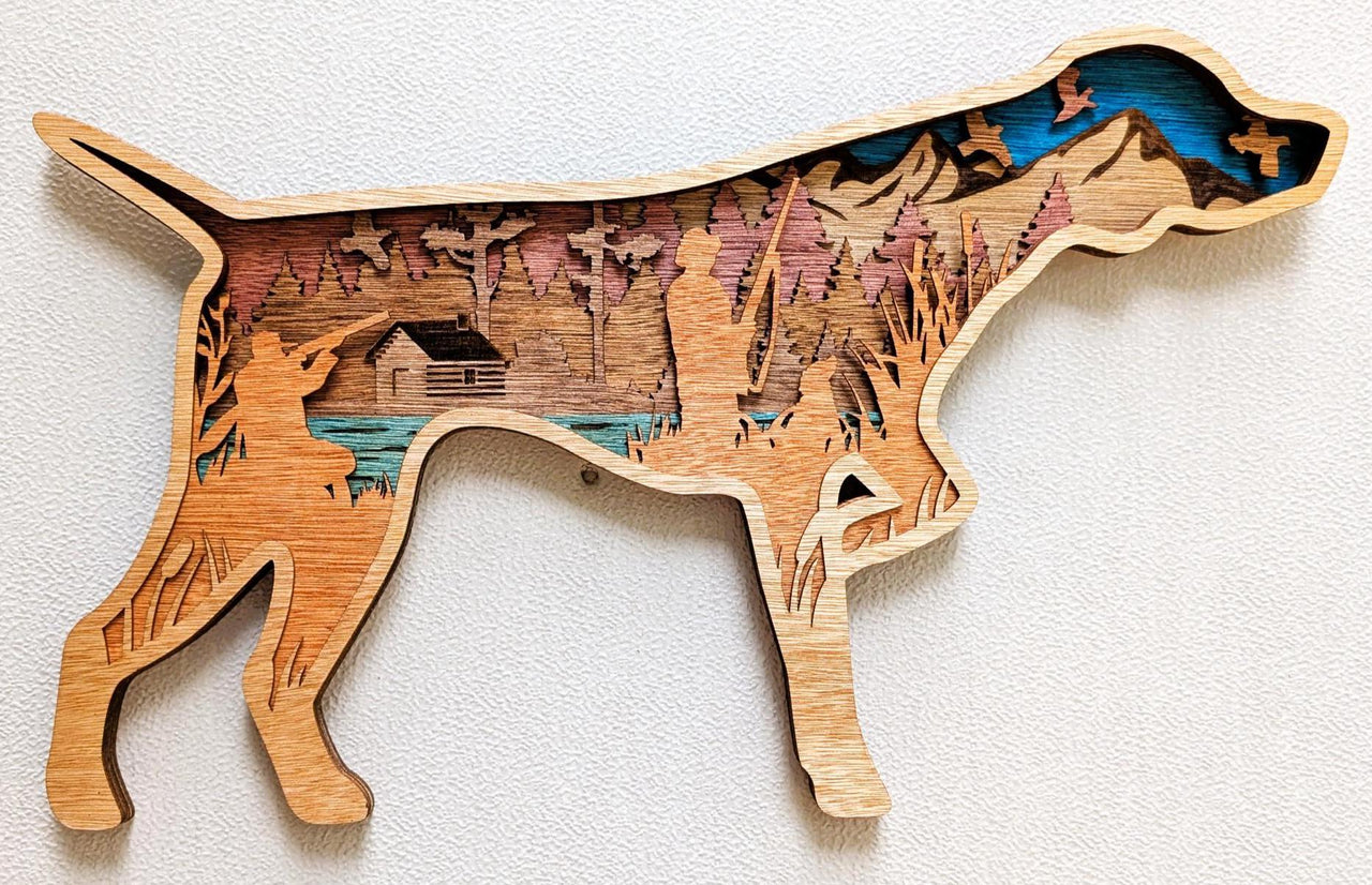 Hunting Dog Scene Wall Art: Multi Layered Stained Wood with Hunter, Dog & Ducks