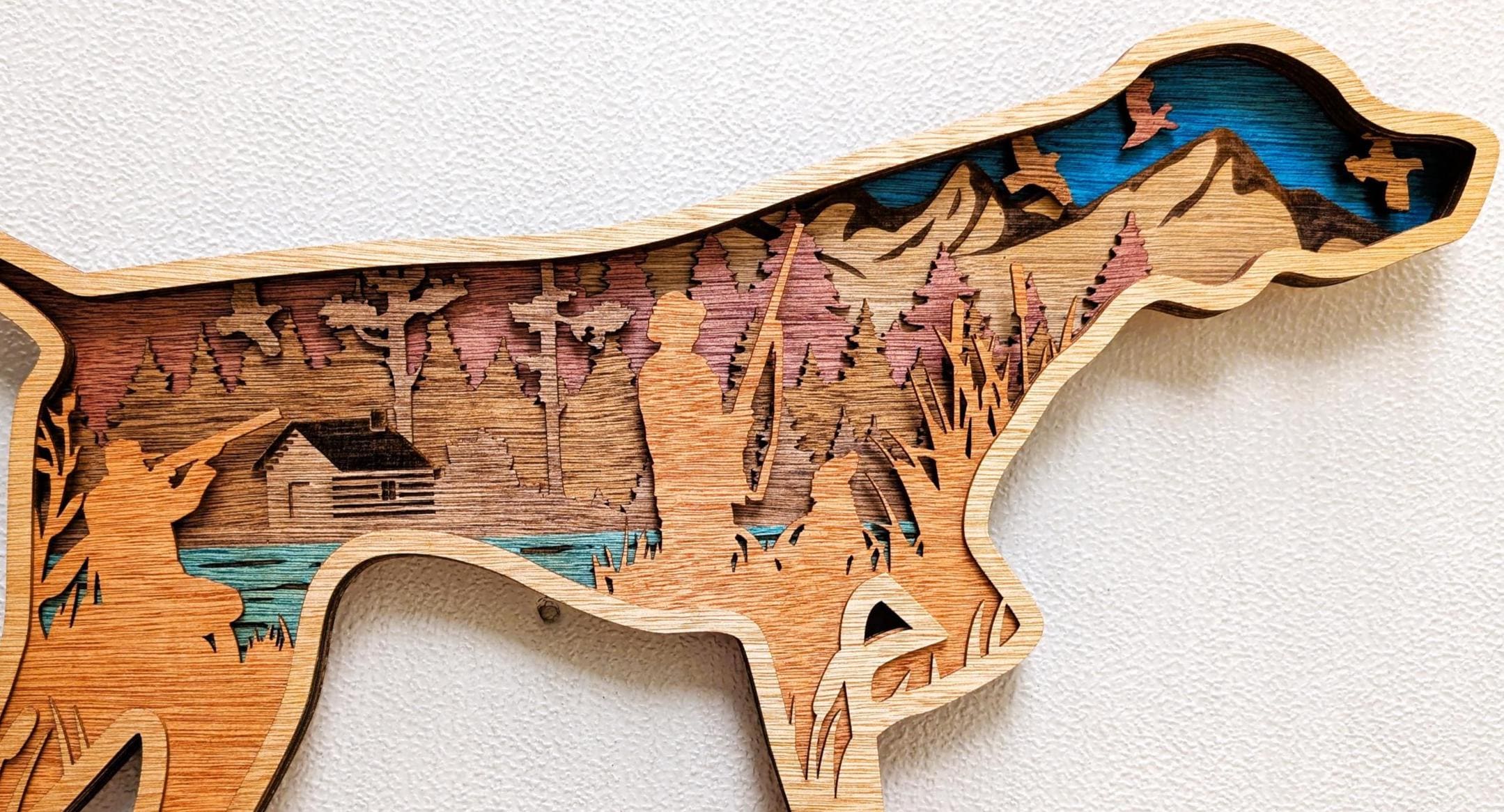 Hunting Dog Scene Wall Art: Multi Layered Stained Wood with Hunter, Dog & Ducks