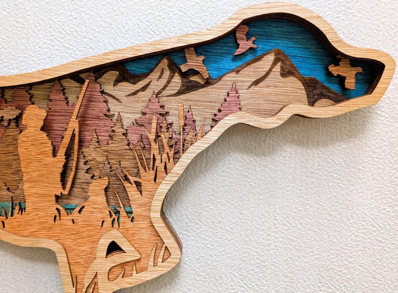 Hunting Dog Scene Wall Art: Multi Layered Stained Wood with Hunter, Dog & Ducks