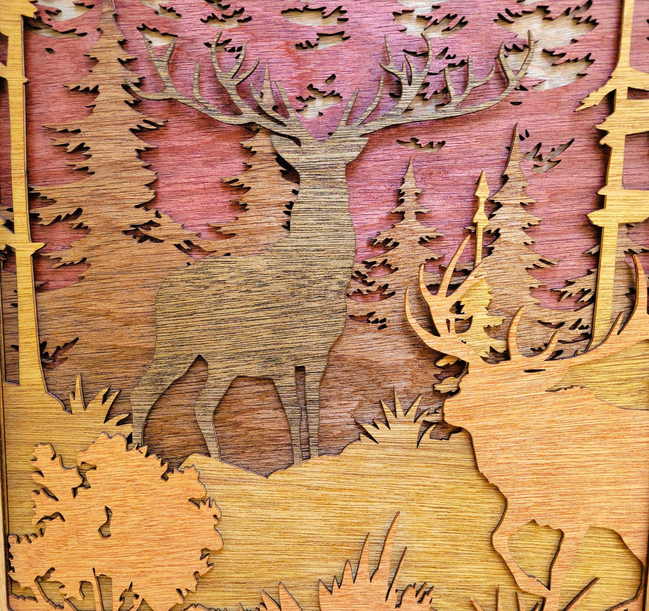 Moose & Buck Forest Wall Art, 3D Wall Décor, Pine Trees, Deer, Wildlife, Cabin Décor, Multilayered Stained Wood, Nature Scene, Unique Gift