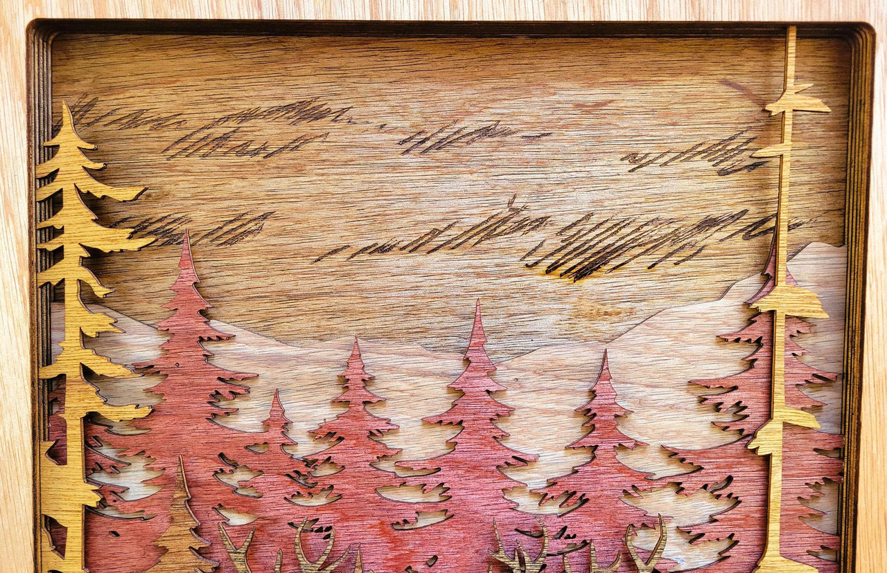 Moose & Buck Forest Wall Art, 3D Wall Décor, Pine Trees, Deer, Wildlife, Cabin Décor, Multilayered Stained Wood, Nature Scene, Unique Gift