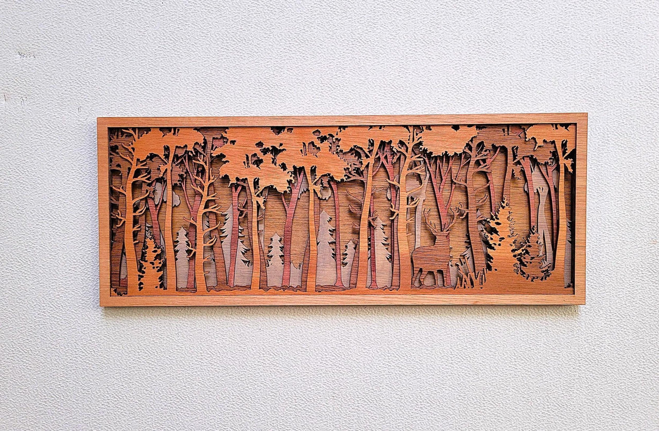 Buck in Forest Wood Wall Art, Multilayered Stained Wood, 3D Laser Art, Wall Décor, Trees, Woods, Cabin Décor, Christmas Gift, Unique Gift