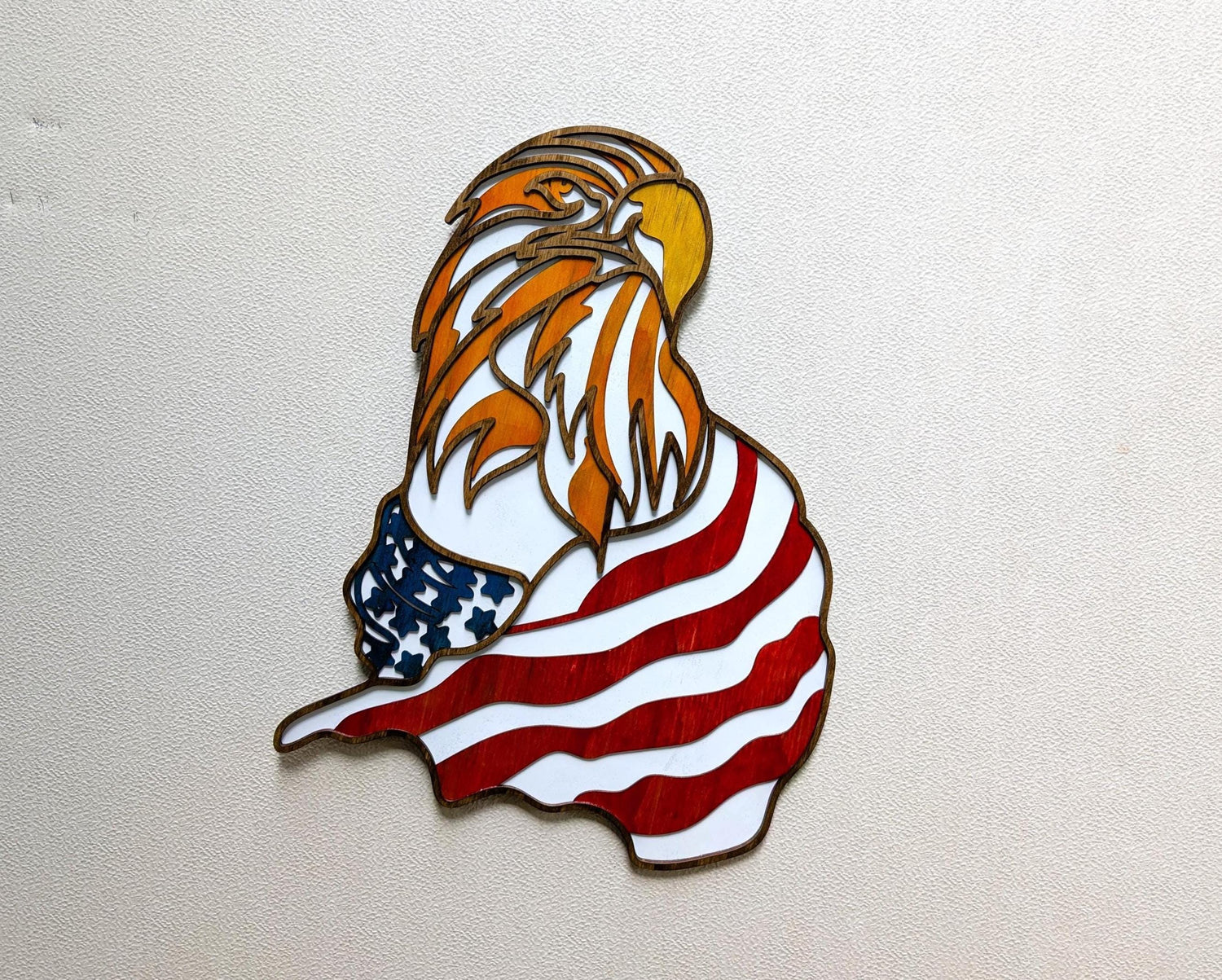 Eagle with USA Flag Wall Art, Multi Layered Wood Art, 3D Laser Art, American Pride, Red White Blue, American Eagle