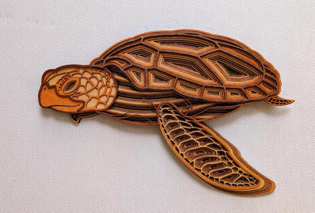 3D Wood Sea Turtle Wall Art: Multi-Layered Stained Nautical Decor