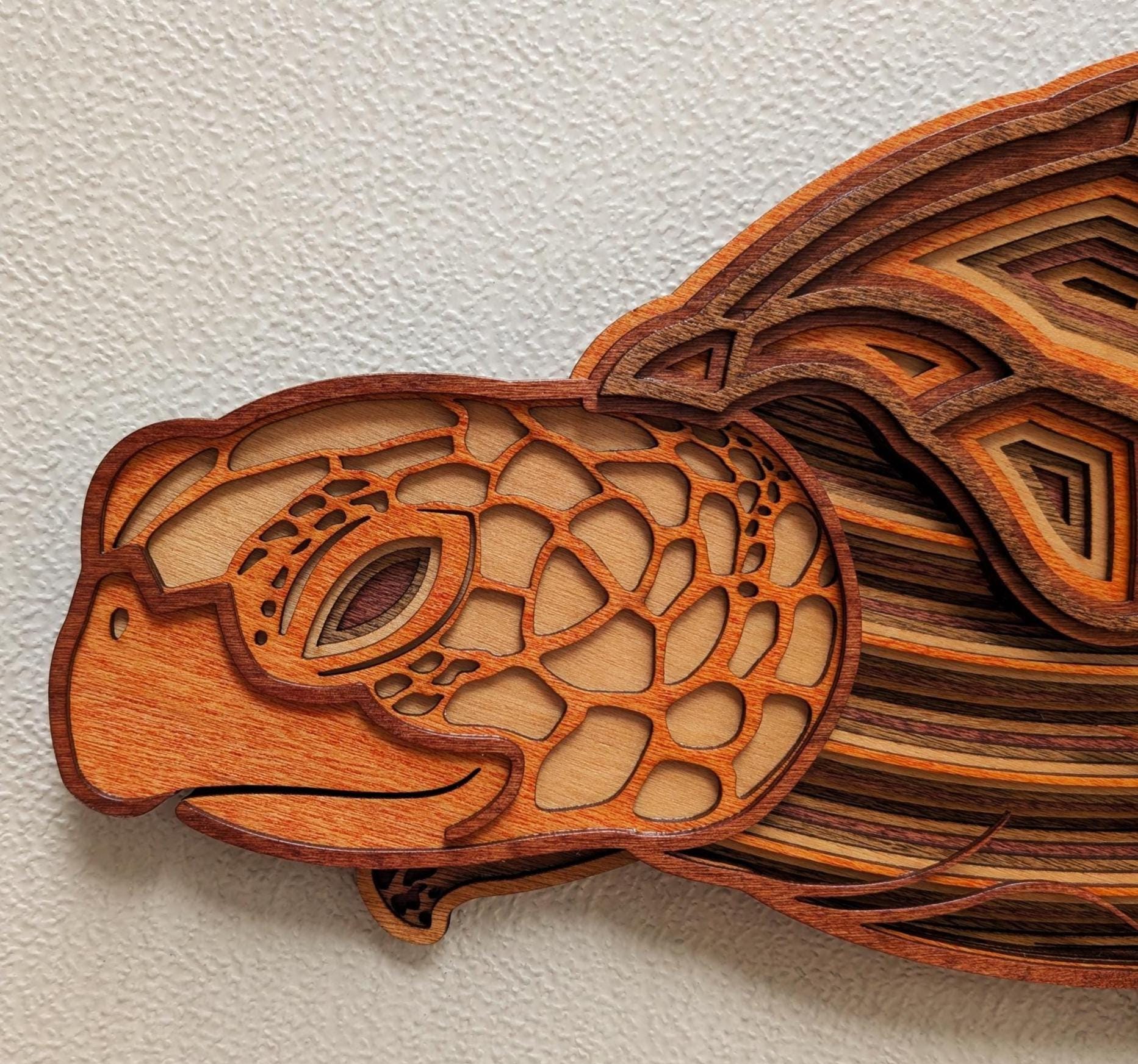 3D Wood Sea Turtle Wall Art: Multi-Layered Stained Nautical Decor