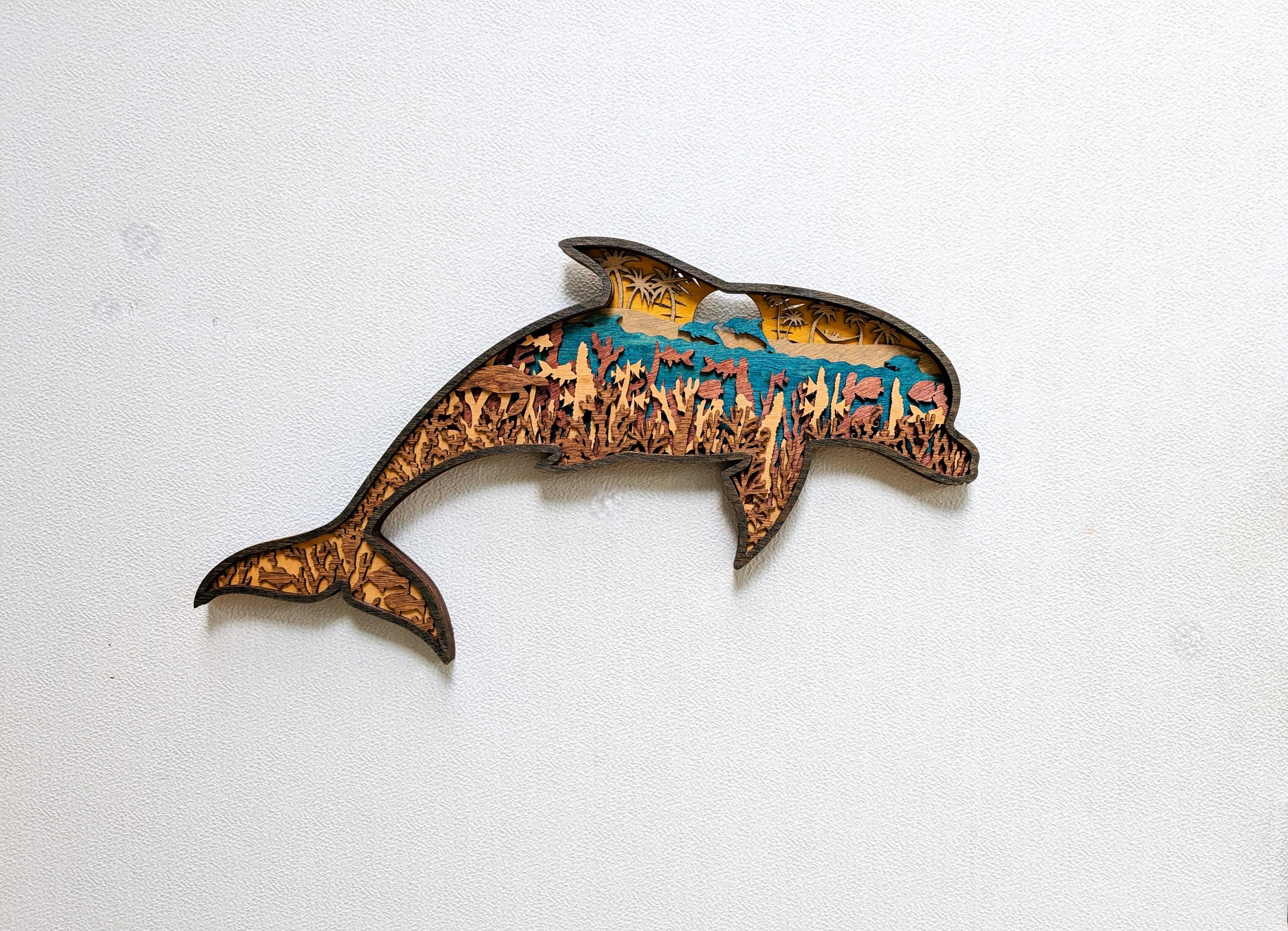 3D Dolphin Wood Wall Art: Multi-Layered Stained Wood, Nautical Decor