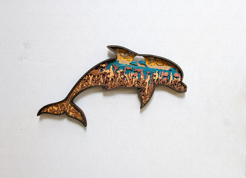3D Dolphin Wood Wall Art: Multi-Layered Stained Wood, Nautical Decor
