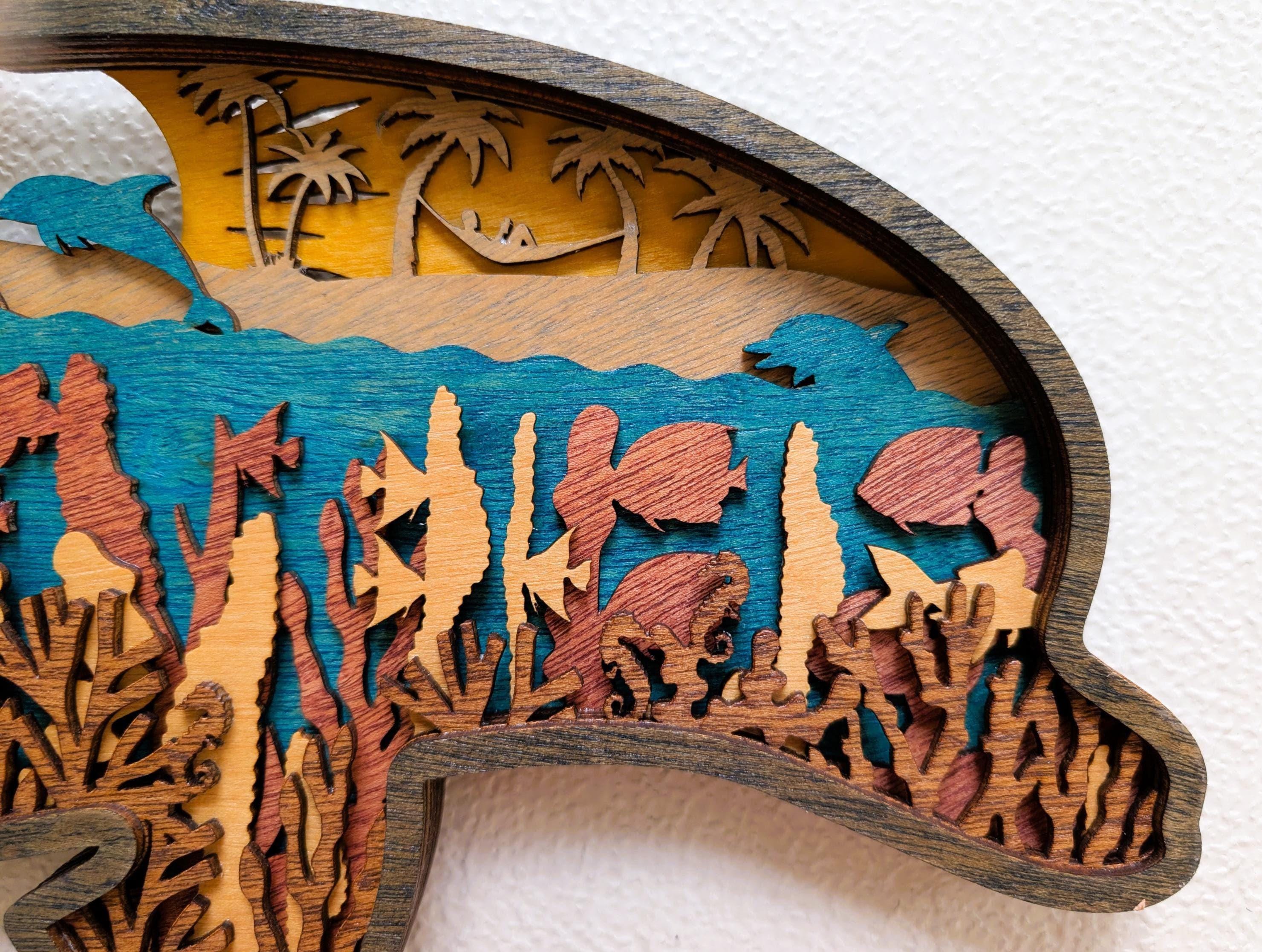 3D Dolphin Wood Wall Art: Multi-Layered Stained Wood, Nautical Decor