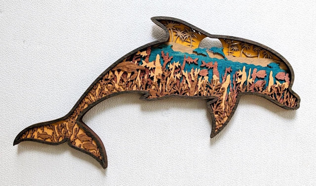 3D Dolphin Wood Wall Art: Multi-Layered Stained Wood, Nautical Decor